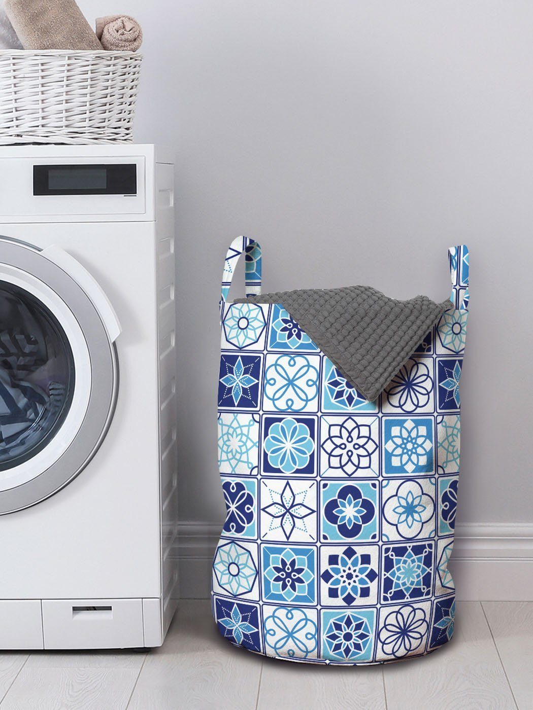 Wäschesäckchen Squares für Griffen Waschsalons, Abakuhaus Wäschekorb Blumenmotiv Kordelzugverschluss mit Azulejo