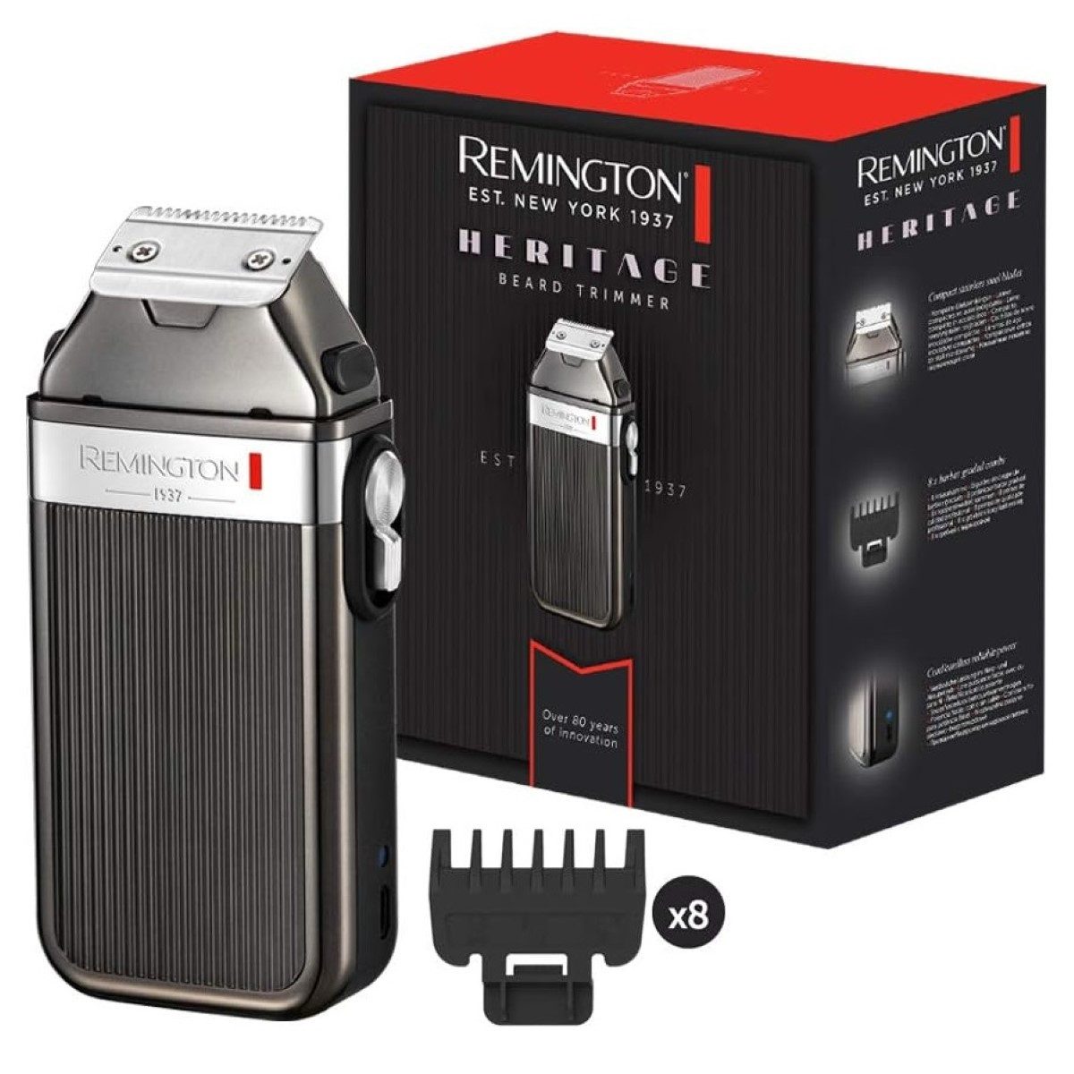 Remington Gesichtshaarrasierer HERITAGE Bart-Schneider Bart-Rasierer Trimmer, Bartschneider mit Kammaufsätzen, Retro Akku Bart-Trimmer 8x Aufsätze Haar-Schneider