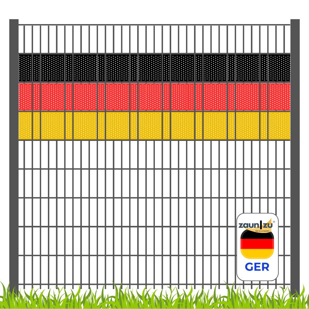 zaunzu Sichtschutzstreifen WM 2026 Deutschland für Doppelstabmatten Volle Streifenbreite GELOCHT, (1 Fan Set, PP Laserstreifen Zaun), Deutschland Landesfarbe