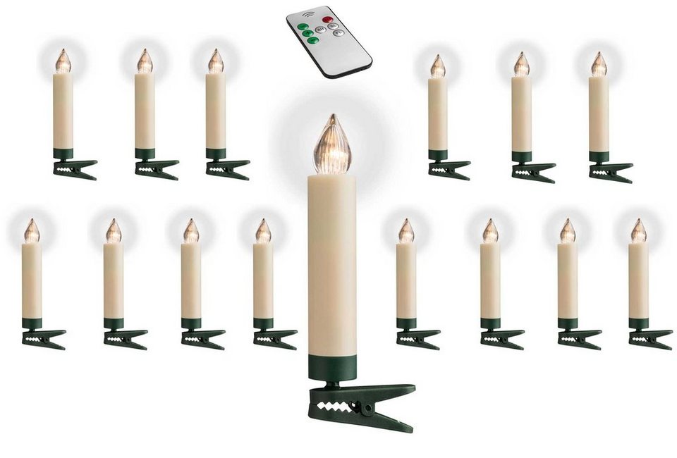 F-H-S International LED-Christbaumkerzen, LED Kerzen Weihnachtsbaum kabellos  15 Stück creme 9cm Dimmer Timer, mehrere Sets mit einer Fernbedienung  steuerbar