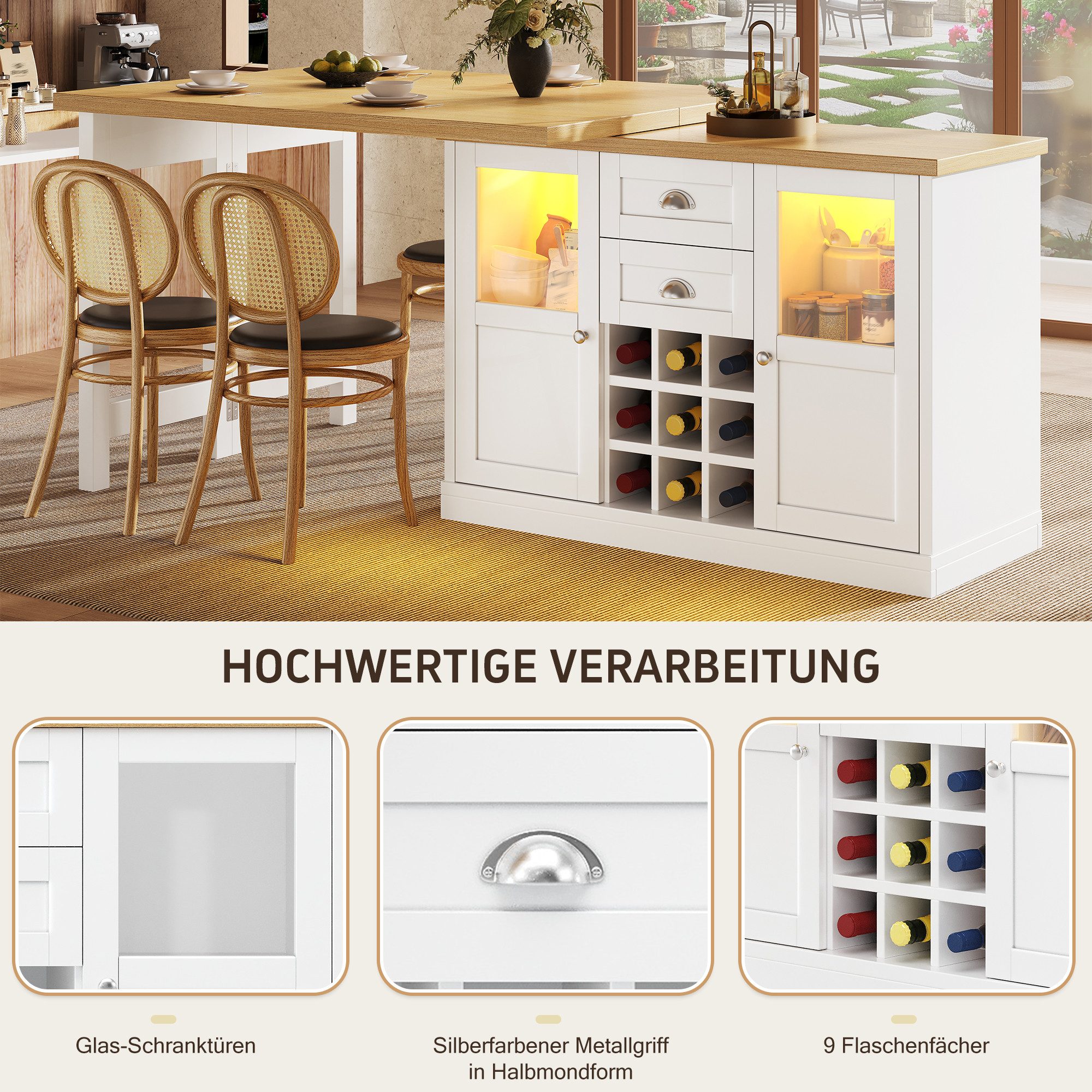 Celya Bartisch Kücheninsel Ausziehbarer Esstisch mit 3-farbiger LED-Beleuchtung (mit Stauraum und Weinregal), Ideal für Esszimmer, Wohnzimmer und Küche