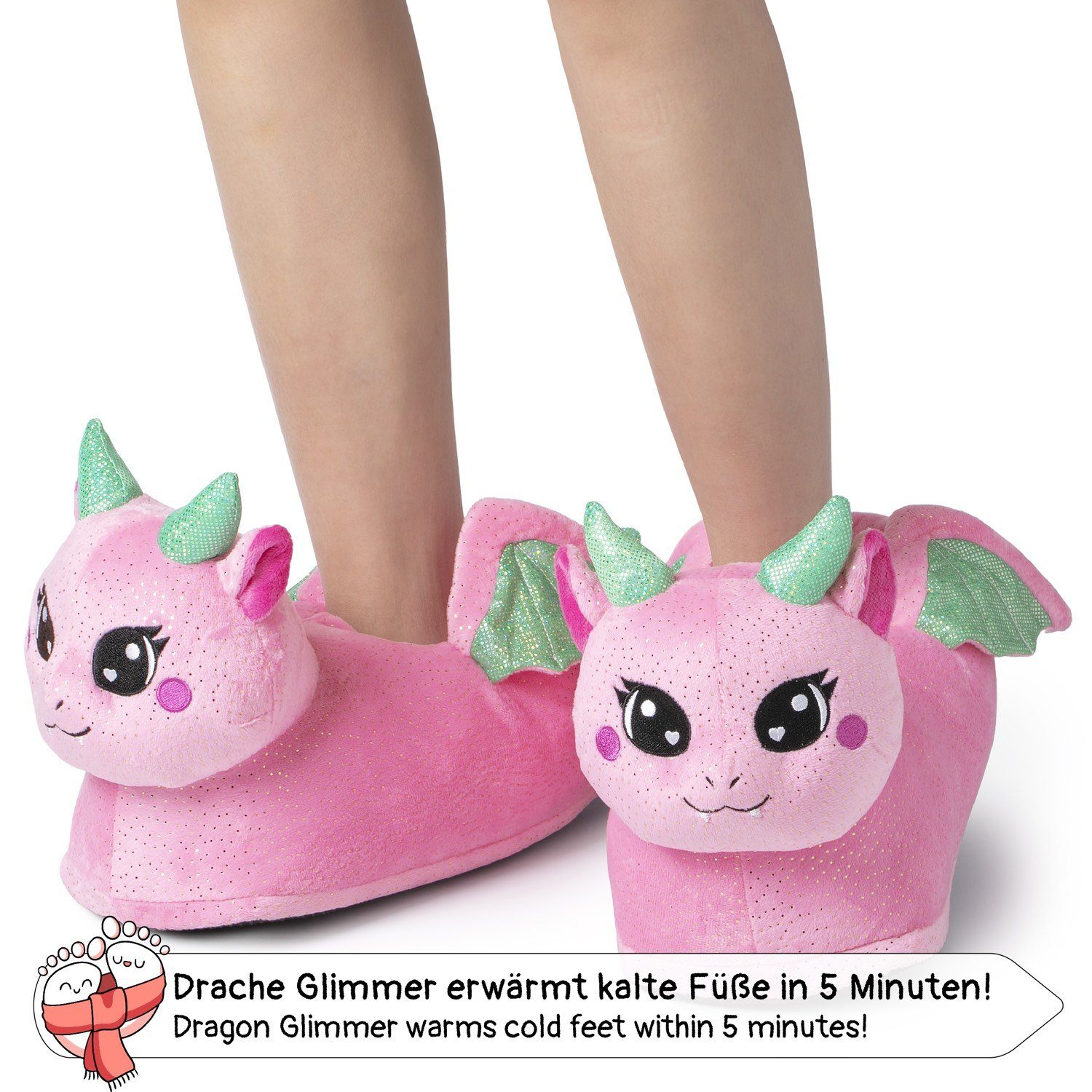 Corimori Süße Drachen Pantoffeln im Anime Kawaii-Look Plüsch Hausschuhe (Packung, Geschenk) weiche, warme Pantoffeln, EU Einheitsgröße 34-44, Glimmer der Drache