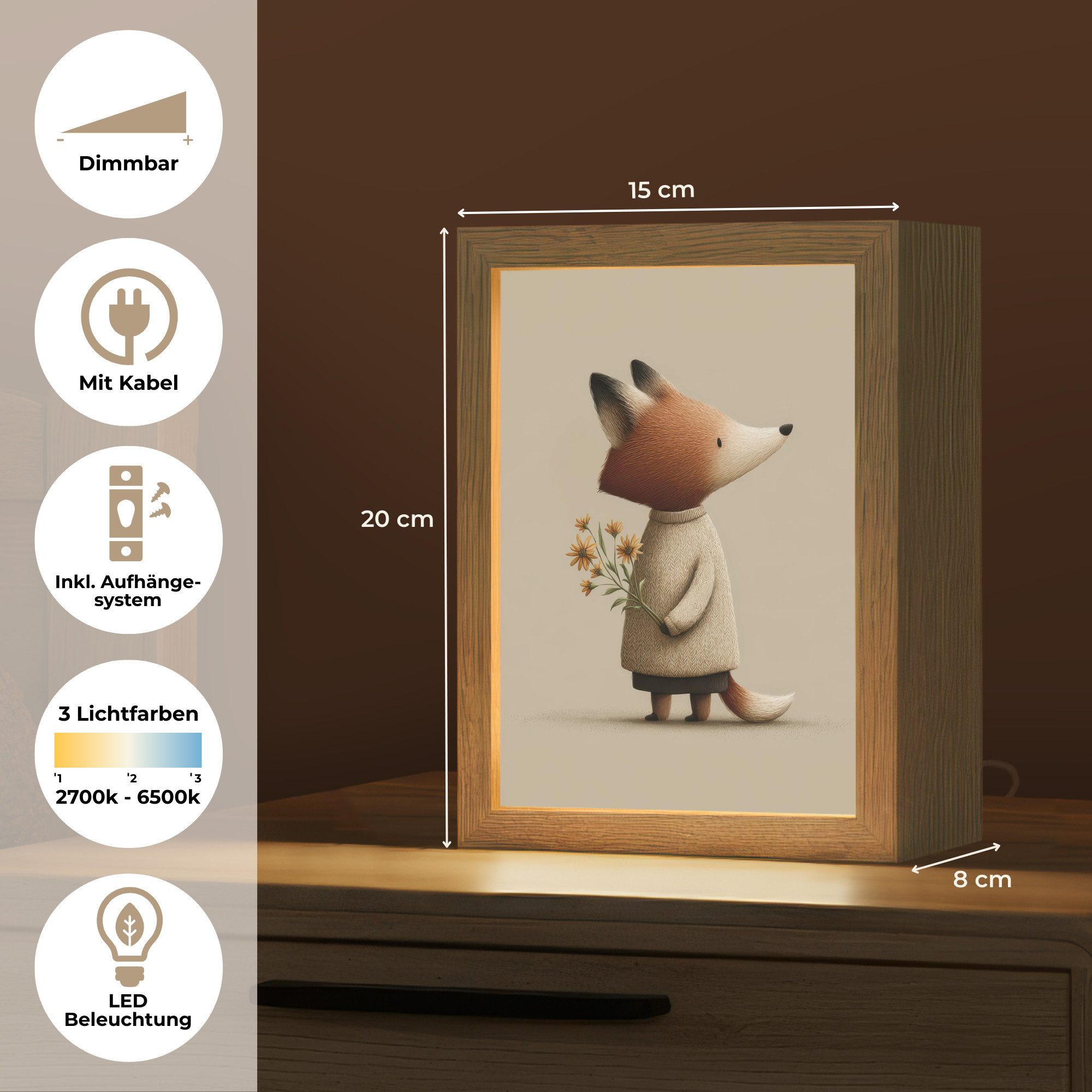 OnlyWow Nachttischlampe Lightbox Fuchs - Gelbe Blumen - Minimalistisch - Jungen, Dimmbar, Farbwechsel, LED, Warmweiß, Kaltweiß, Neutralweiß Einstellbar, Kinderzimmer, Babyzimmer, Dimmbar, mit Kabel, Nachtlampe, LED