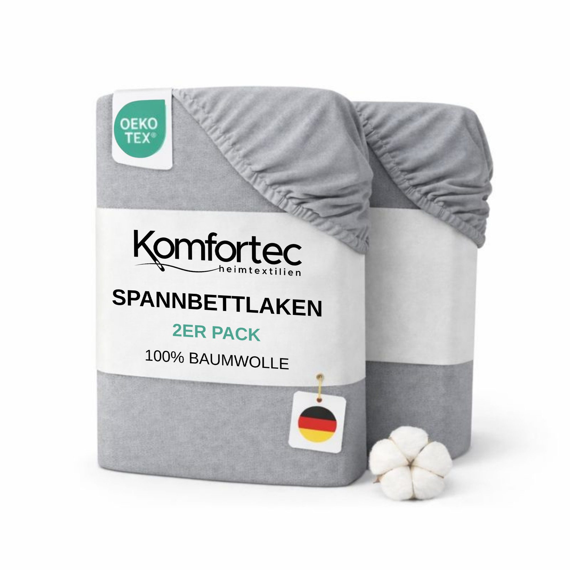 Komfortec Spannbettlaken Jersey Spannbettuch, 90x200, 140x200, 160x200, 180x200 oder 200x200 cm, 100% Baumwolle (135 g/m), Gummizug: Rundum, (2 Stück), OEKO-TEX® Standard 100 Zertifisiert, für Matratzen bis 25 cm Höhe