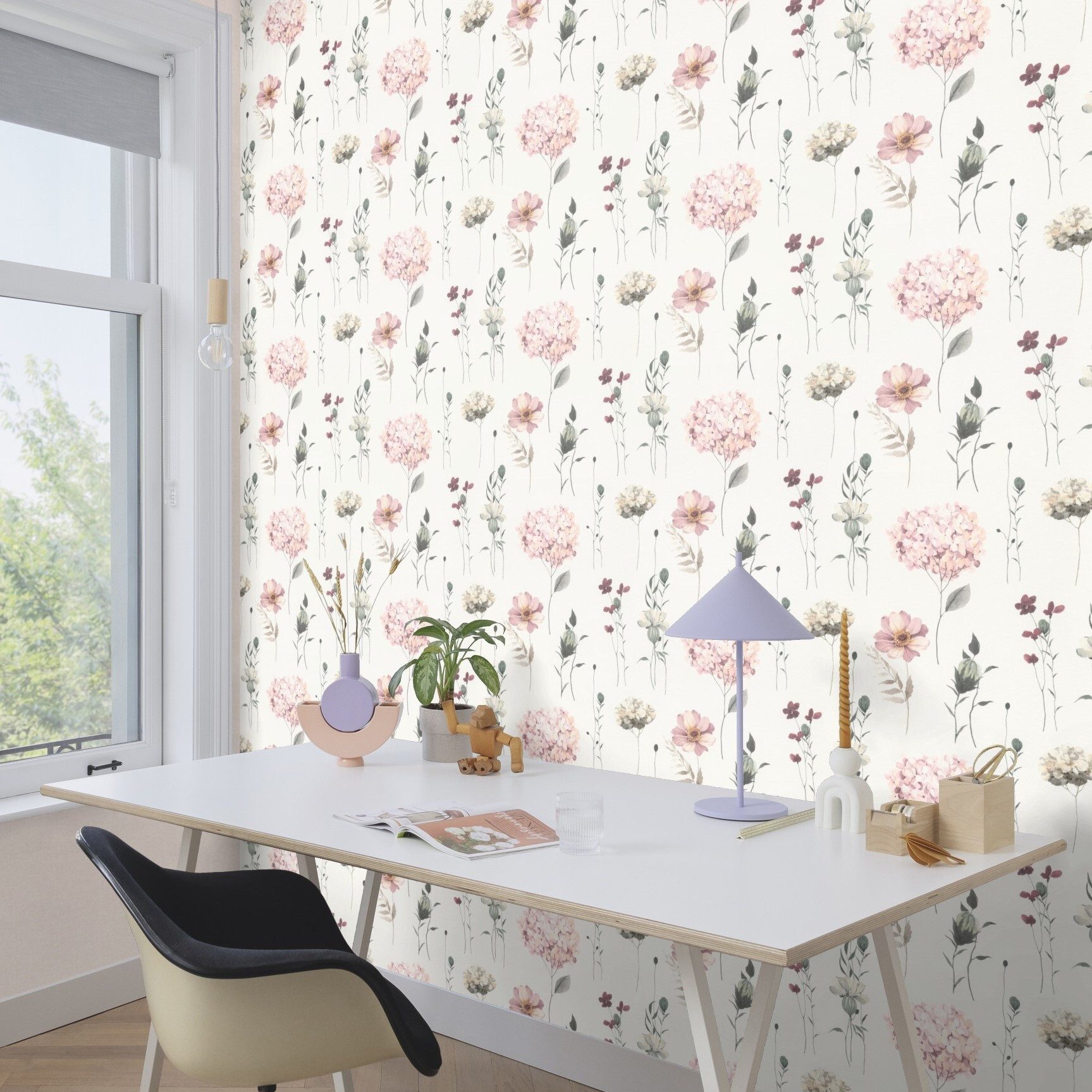 Rasch Vliestapete Hortensien Weiß Creme Grau Grün Rosa, Naturoptik, (1 Rolle, 1 St., Kollektion 'Kids World II' - 10,05 m x 0,53 m), gute Lichtbeständigkeit, fe – Bild 3 von 5