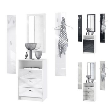 Vladon Garderoben-Set Pino, (Garderobenset bestehend aus 1 Kommode, 1 Wandspiegel und 2 Garderobenpaneele), Weiß matt (ca. 135 x 190 x 36 cm)