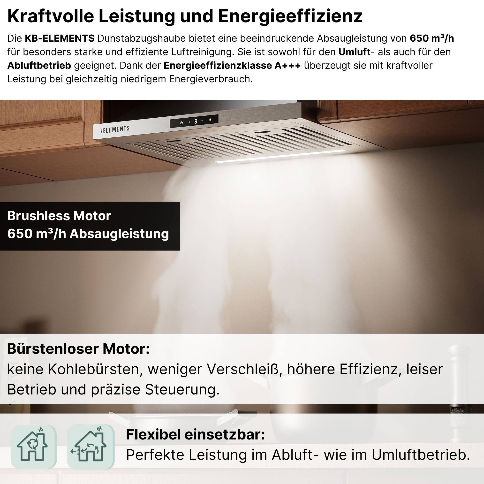 KB Elements Wandhaube Brushless-Motor, 650 m³/h Absaugleistung Brushless-Motor, 650 m³/h Absaugleistung, Brushless-Motor mit 2 Aktivkohlefilter, Touch / Gestensteuerung