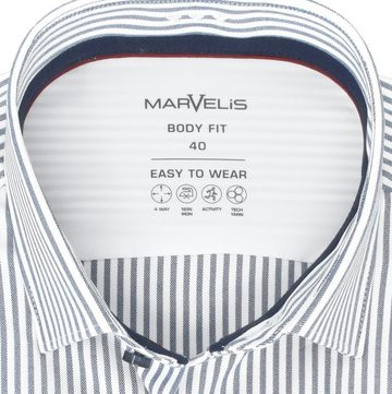 MARVELIS Businesshemd Easy To Wear Hemd - Body Fit - Langarm - Gestreift - Dunkelblau/Weiß 4-Wege-Stretch