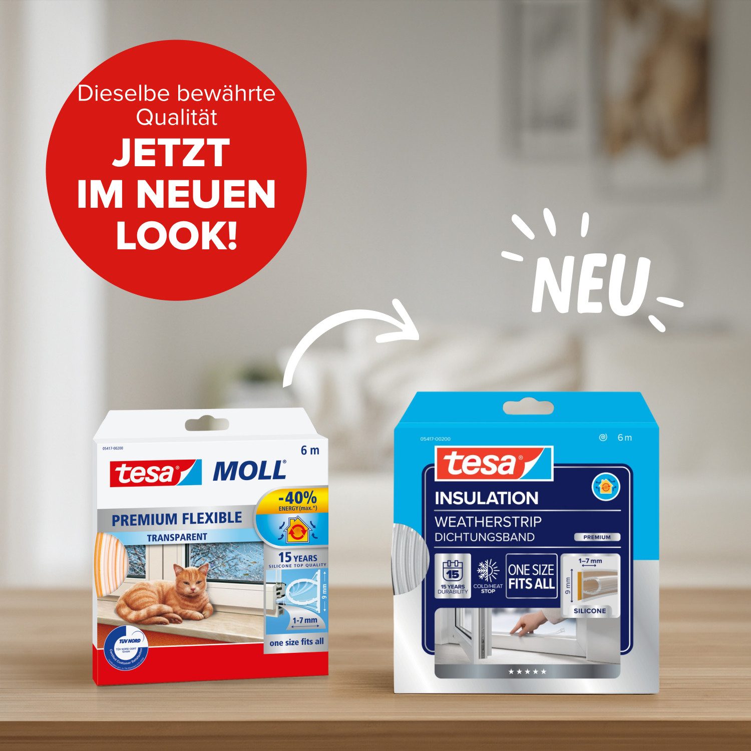 tesa Dichtband INSULATION Dichtungsband Premium - Selbstklebende Silikondichtung (Packung, 1-St., Dichtungsband Premium transparent - 6 m x 9 mm x 7 mm) zum Isolieren von Spalten an Fenstern und Türen