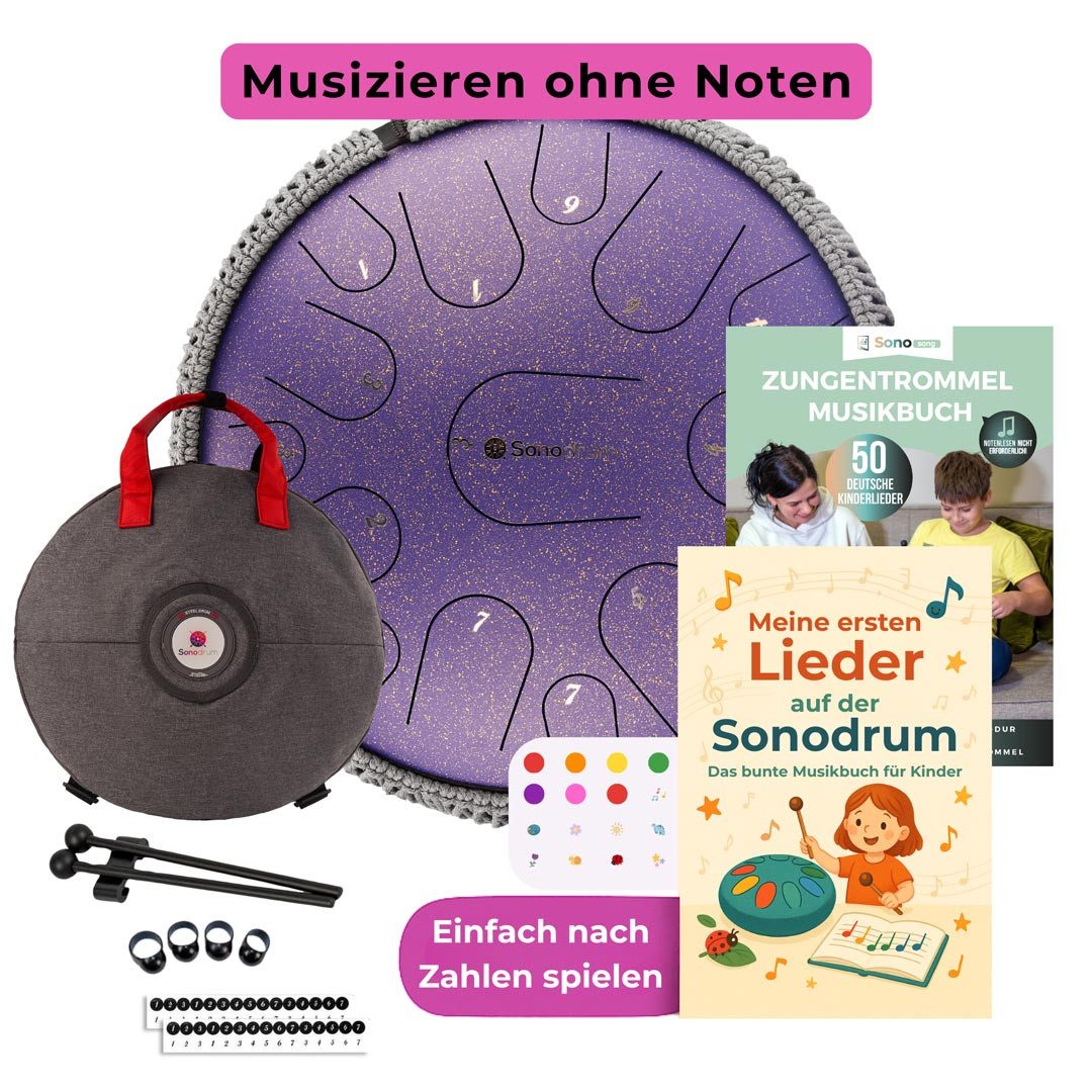 Sonodrum Steel Tongue Drum Premium, Kinder Starter-Set,Kinder Starter-Set, inkl. 2 Kinder-Liederbücher, Bunte Sticker und Tragetasche