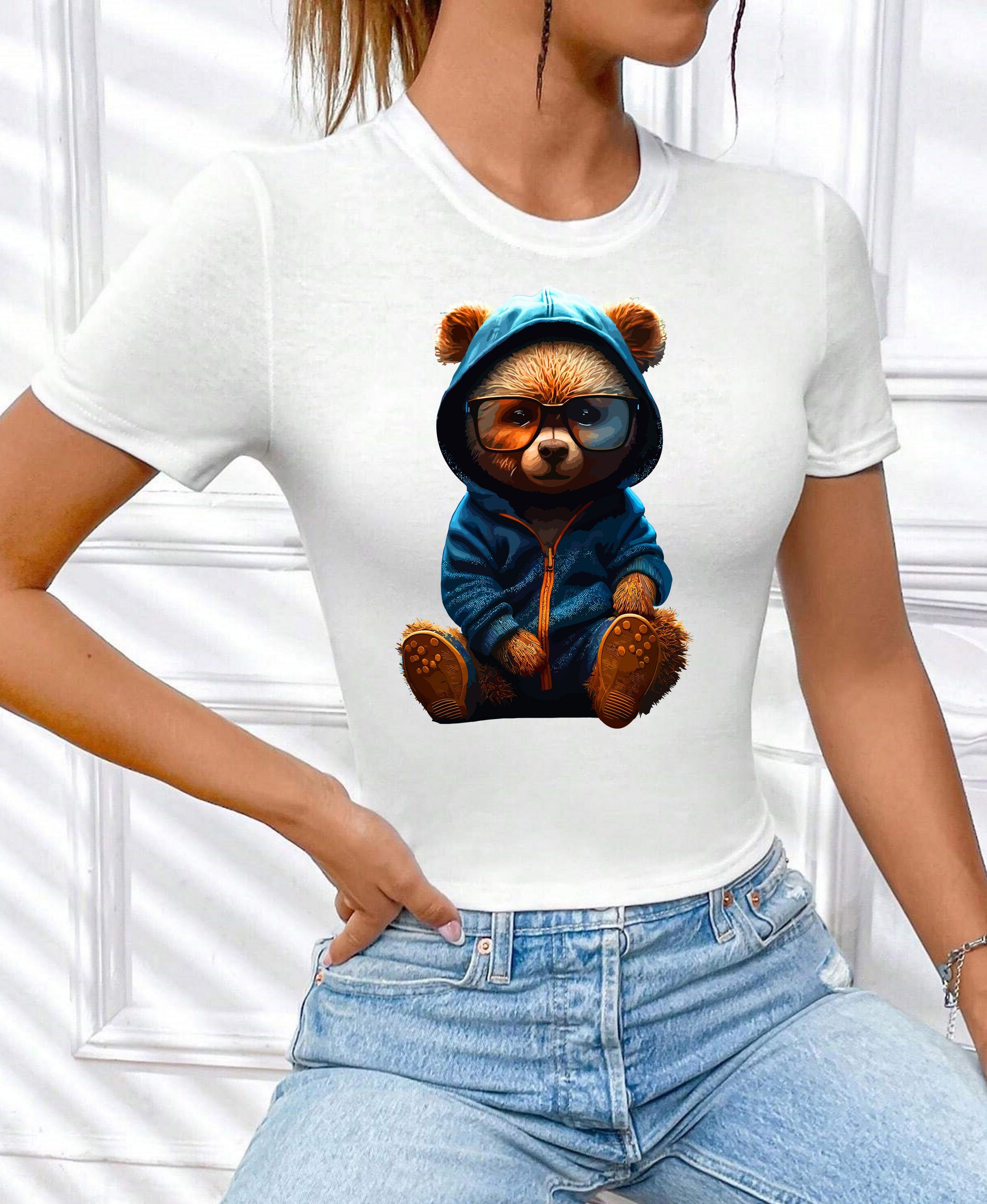 RMK Print-Shirt Damen T-Shirt Top Sommer Rundhals süßer Teddybär Bär Brille mit lizenziertem Originaldesign, aus Baumwolle, Unifarbe Weiß-Blau