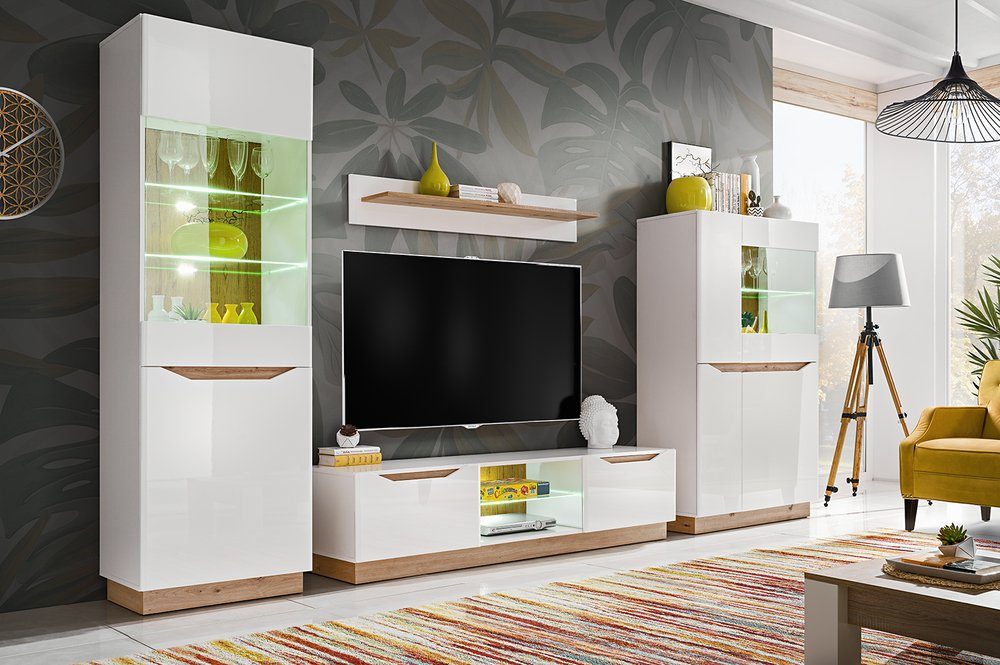 Stylefy Wohnwand Calgary Weiß, Weiß Hochglanz, (Wohnmöbel, Wohnzimmer-Set, Set (4-St), bestehend aus 2xStandvitrine, 1xLowboard, 1xWandboard, inkl. LED-Beleuchtung, mit Glaseinsatz,variabel stellbar und hängbar