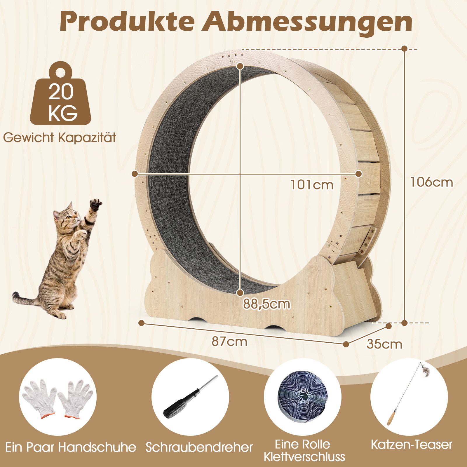 COSTWAY Tierlaufrad, Katzen-Trainingsrad, Katzentretmühle, Katzenlaufrad aus Holz, leise