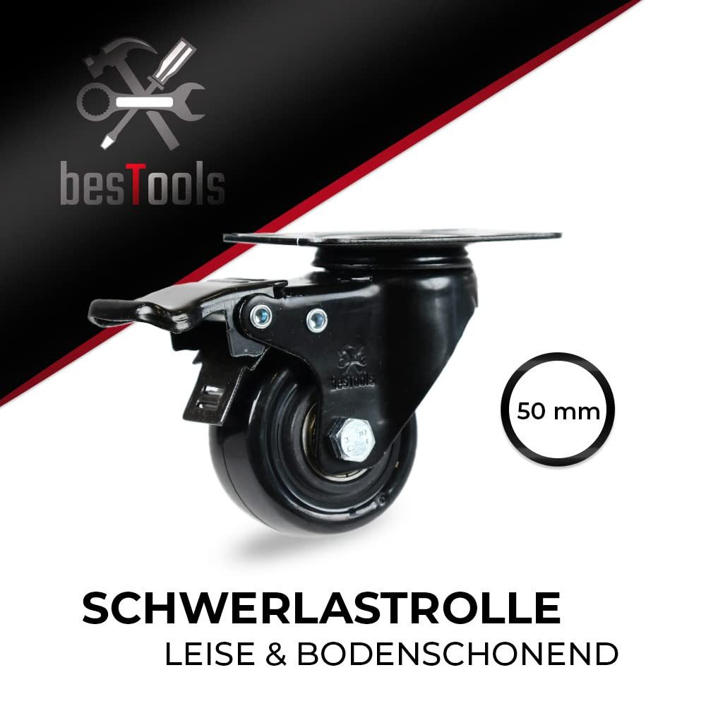 bestTools Schwerlastrolle Werkbank Rollen 50 mm, 360° drehbar 4er Set bis 135 kg, 2 Rollen mit Bremse, inkl. Montagewerkzeug, bodenschonend – Bild 2 von 5