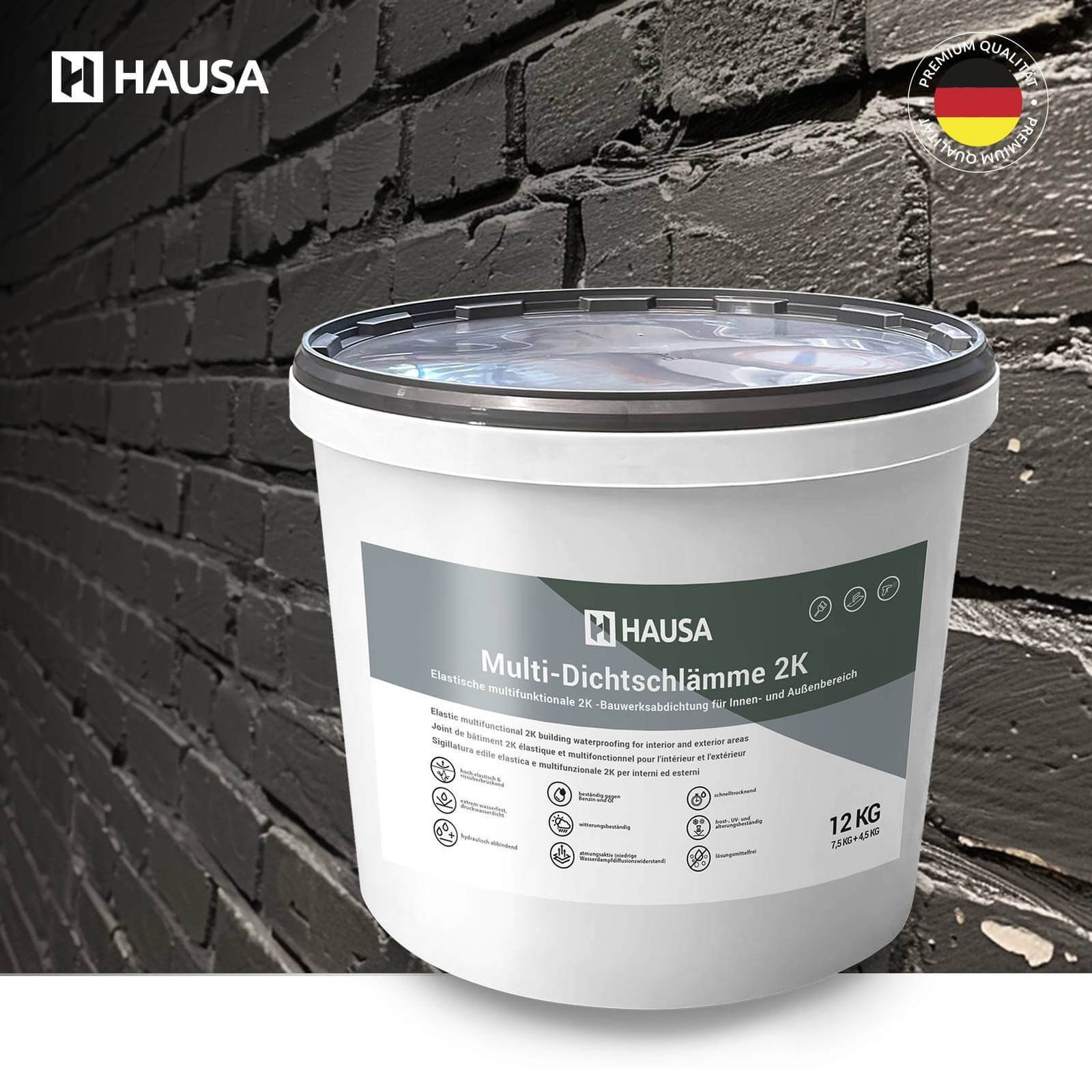Hausa Dichtungskitt Dichtschlämme 2K Multi, elastische Dichtmasse 12 kg für Innen- und Außen, Zum Anrühren, (Balkon Terrasse Bad Keller Dusche, druckwasserdicht lösungsmittelfrei), Schwimmbad Abdichten Bodenbeschichtung