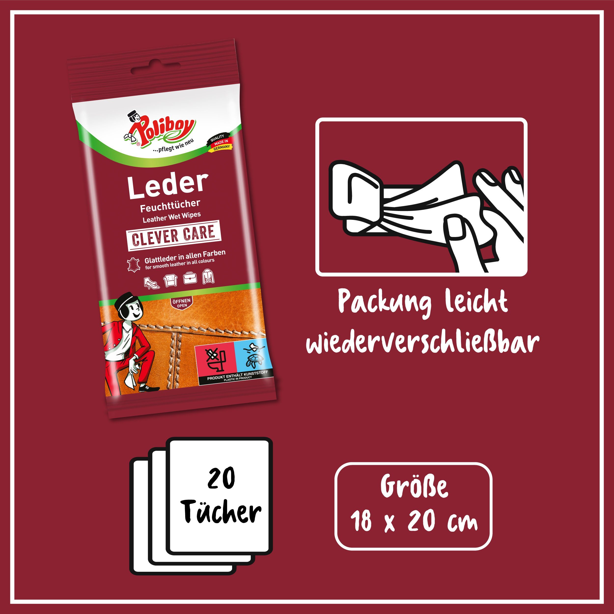 Germany) - 40 zur Leder-Feuchttücher einfachen Kunstleder - (für schnellen Made und und poliboy Reinigung Glatt- Tücher in
