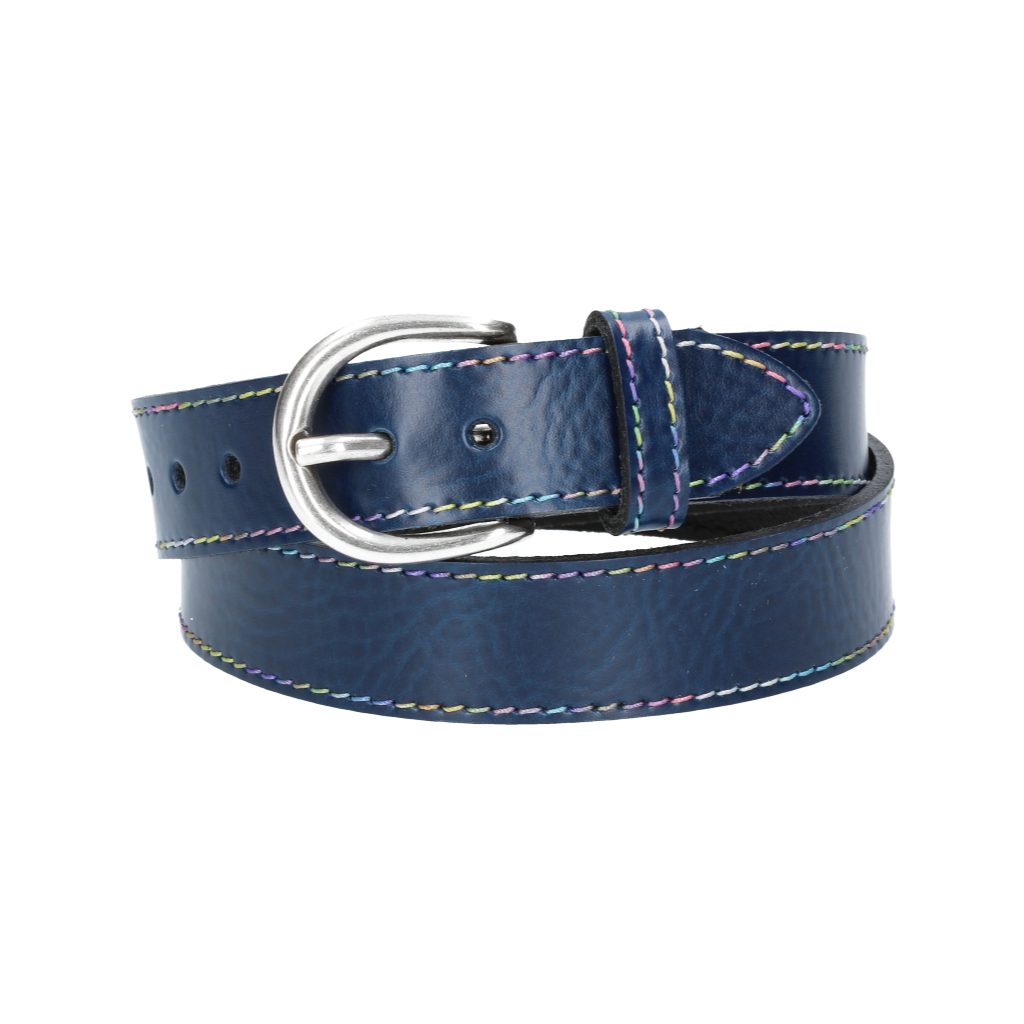 kiddybelts Ledergürtel Kids 25mm in Blau, Marine mit Multicolornaht und Dornschließe in Silber (KB15-490, 1-St) sehr weiches Vollrindleder