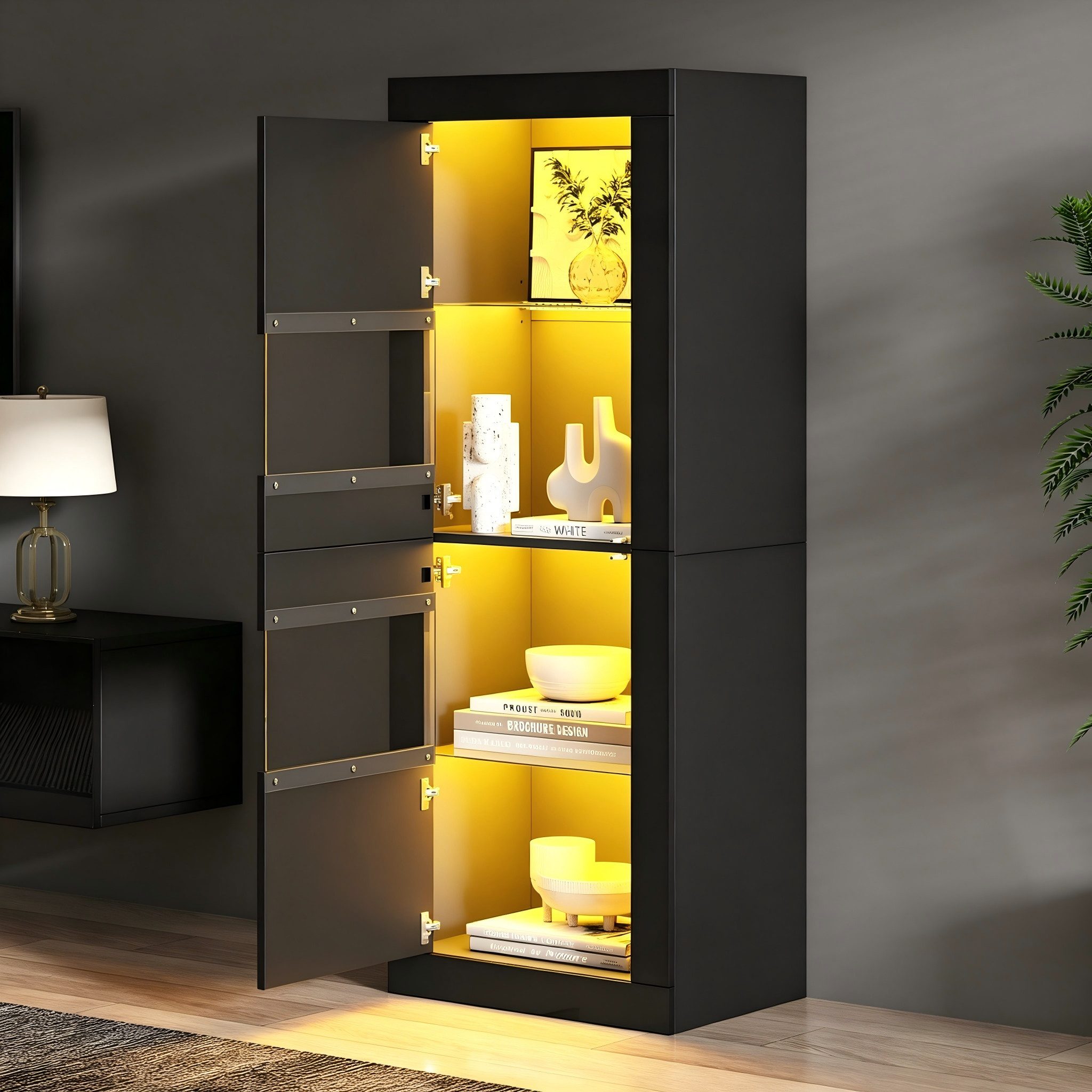 Merax Standvitrine Vitrine mit LED-Beleuchtung inkl.APP (1-St) Hochschrank mit erstellbaren Glasböden & Kippsicherung, 61x42x162 cm