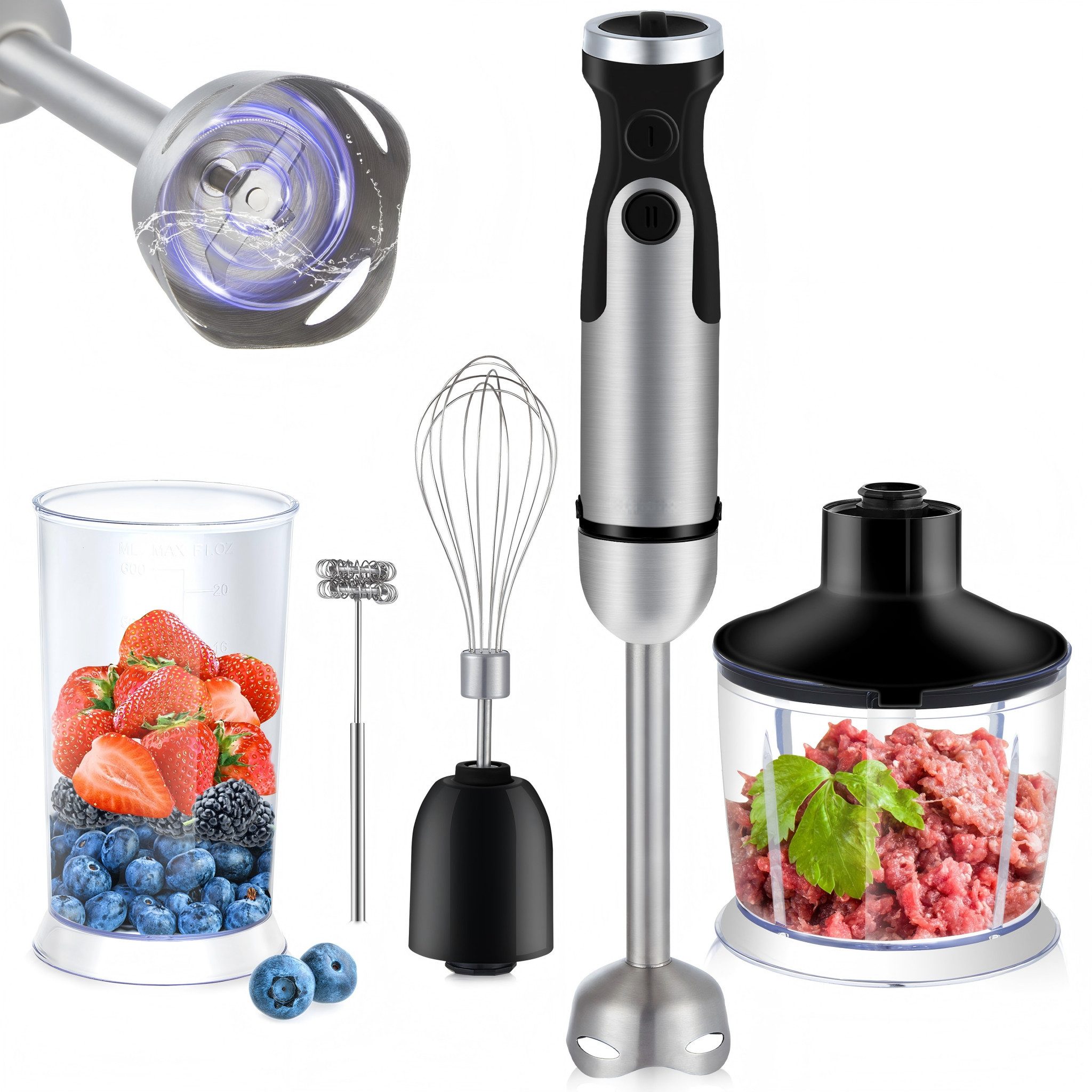 AIBISTAR Stabmixer Stabmixer 5 in 1,Edelstahl Pürierstab Set,6-stufig,Turbo, 1200 W, Stabmixer BPA-frei,für Babynahrung, Suppe, Smoothie