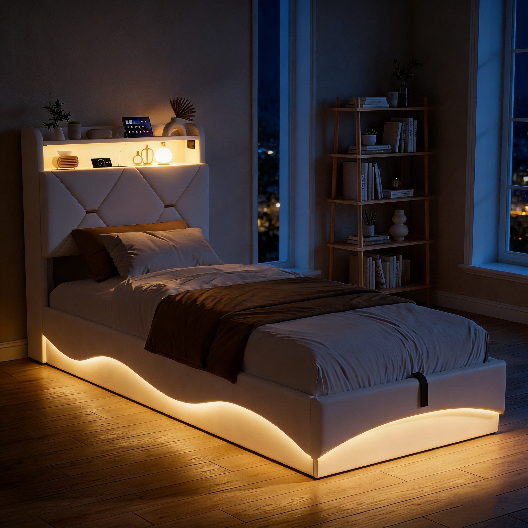 PXloue Polsterbett LED Doppelbett, Bettkasten, Ladefunktion, Samt, 90x200 cm