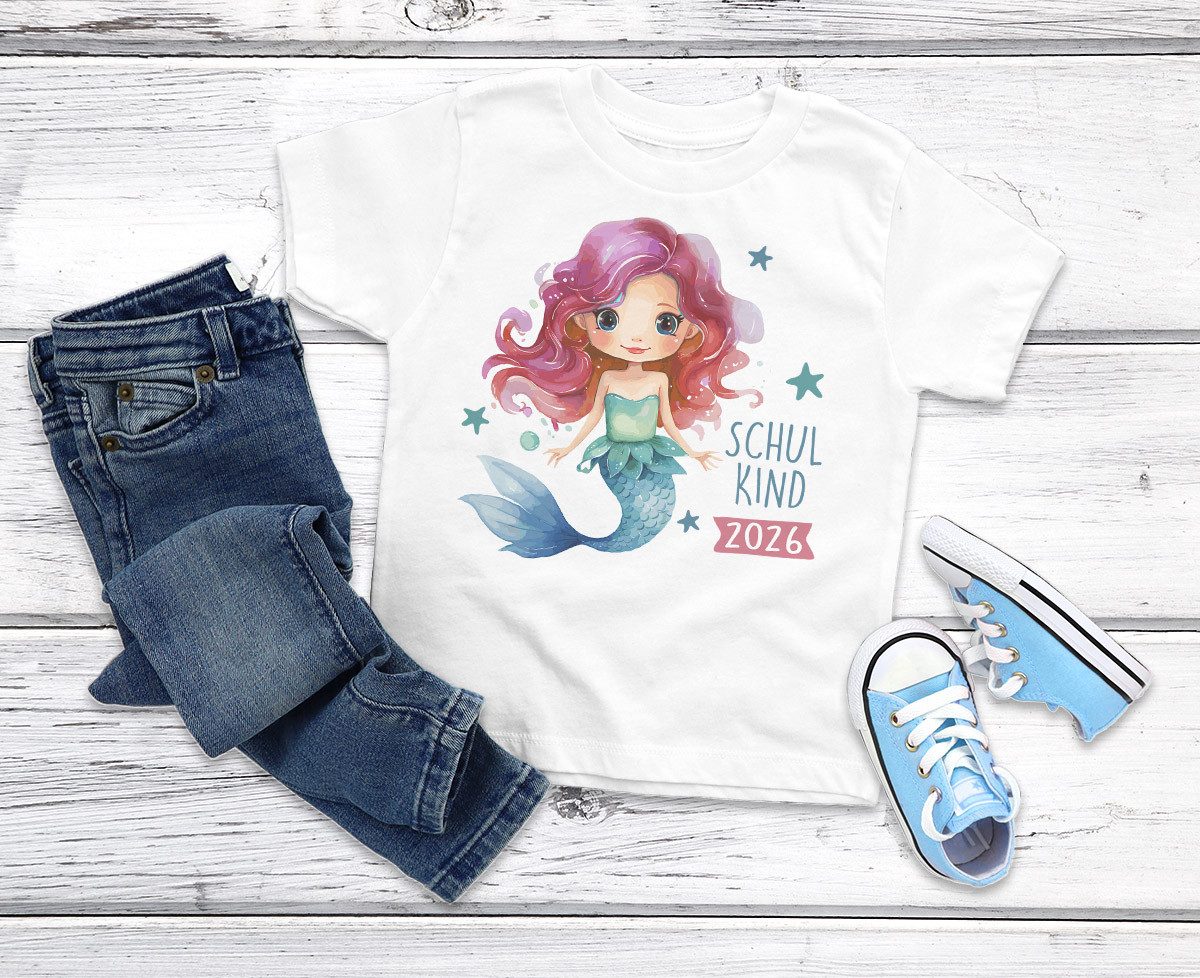 Print-Shirt Mädchen Einschulung T-Shirt 2026 Meerjungfrau – Schulkind 2026 Shirt