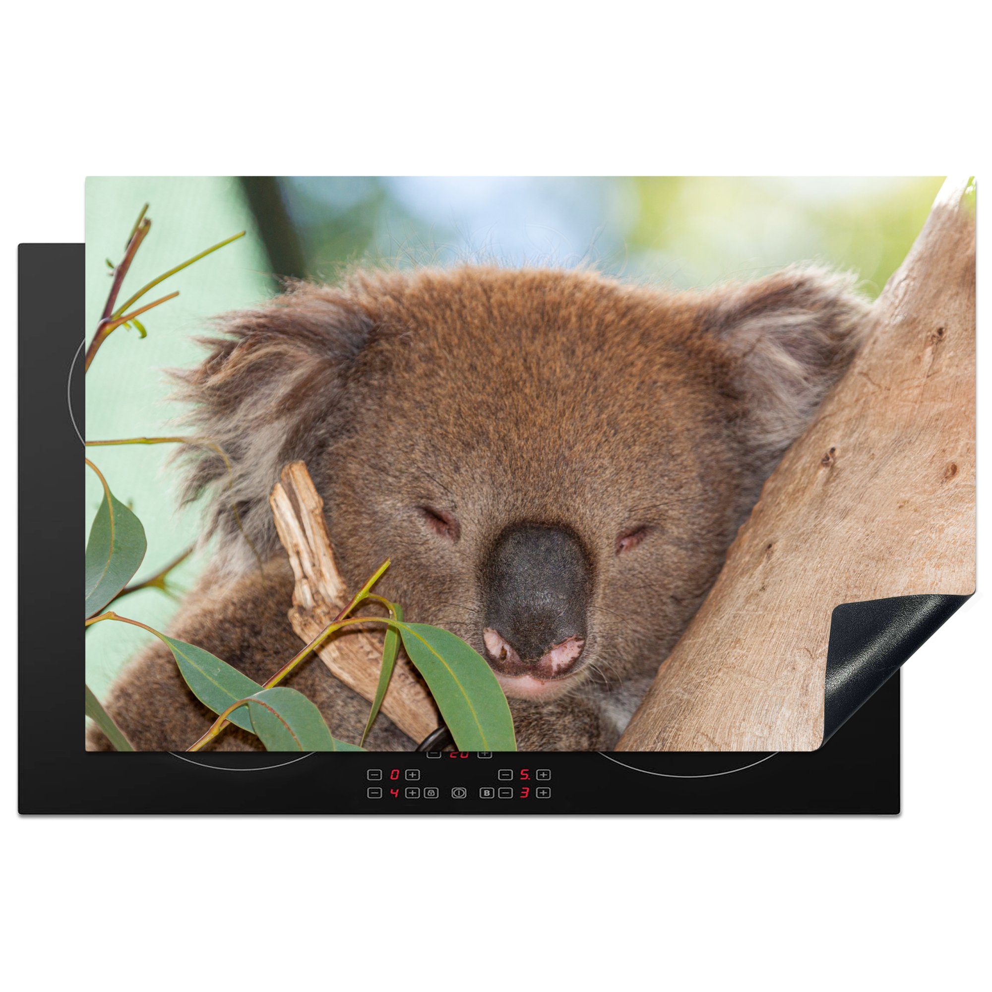 MuchoWow Herdblende-/Abdeckplatte Koala - Blätter - Grau, Vinyl, (1 tlg), 81x52 cm, Induktionskochfeld Schutz für die küche, Ceranfeldabdeckung