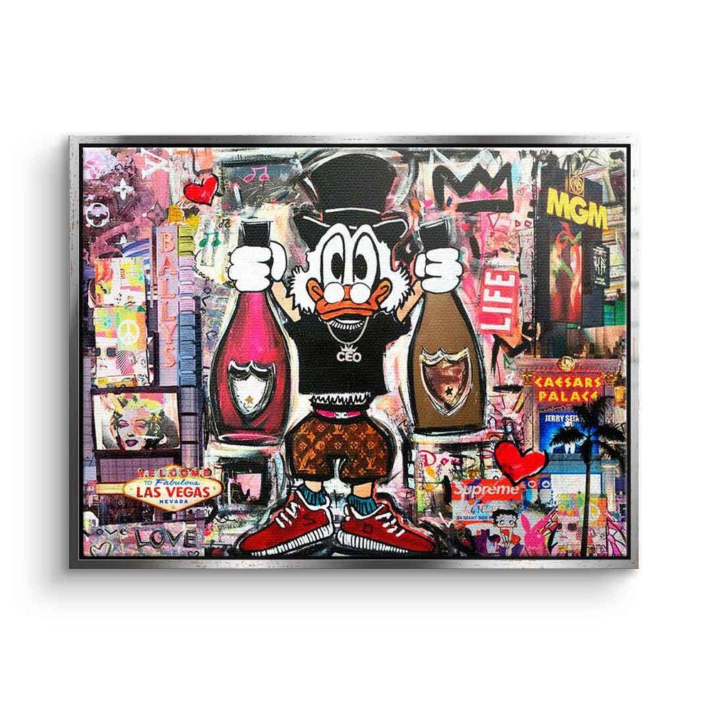 ohne Las Dagobert Pop Leinwandbild Leinwandbild Dagobert quer Comic in Duck Las DOTCOMCANVAS® Rahmen Vegas, Vegas Collage Art