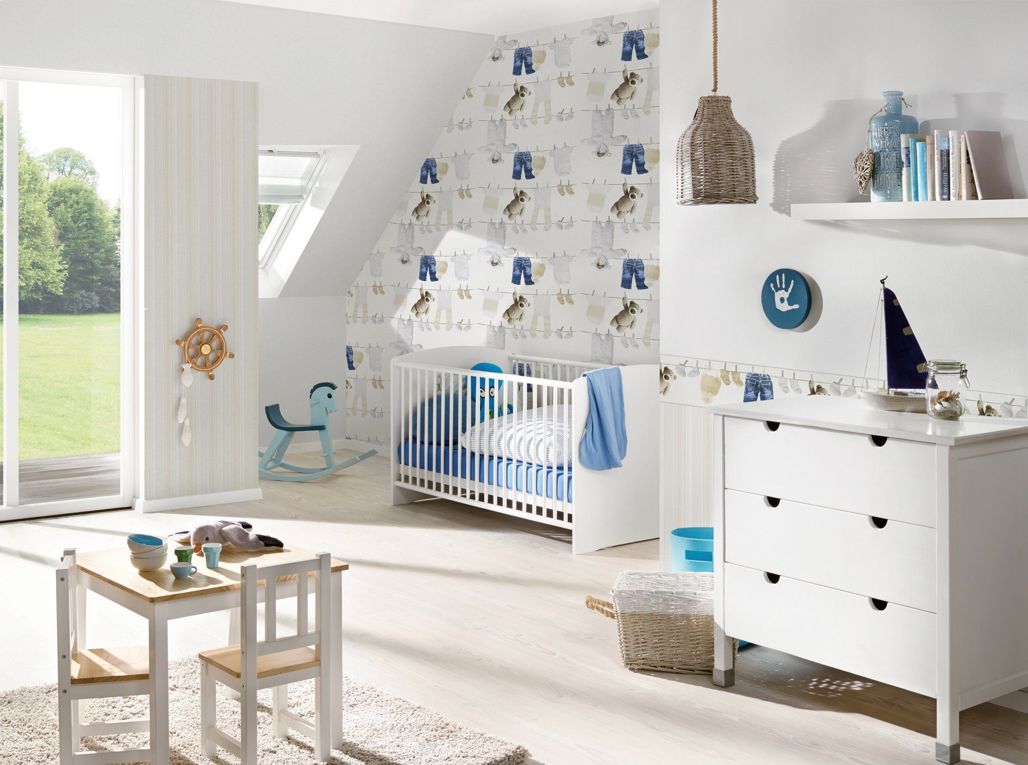 Kinderzimmer Tapete living Little Stars, glatt, walls blau/weiß Bordüre