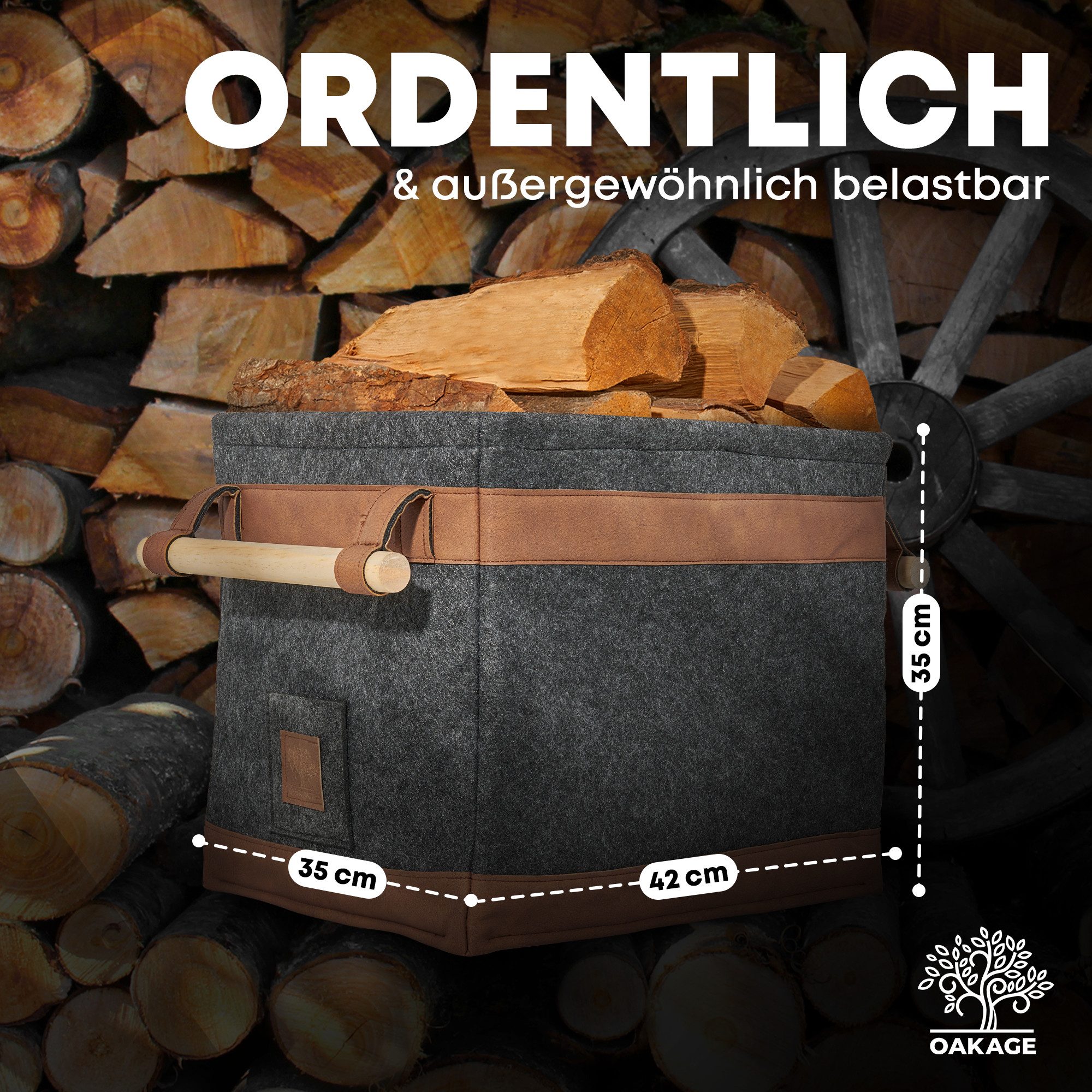 OAKAGE Kaminholzkorb Holzkorb für Kaminholz Feuerholzkorb Kaminkorb mit Lederboden, Schmutzabweisendes Innenfutter und Lederboden