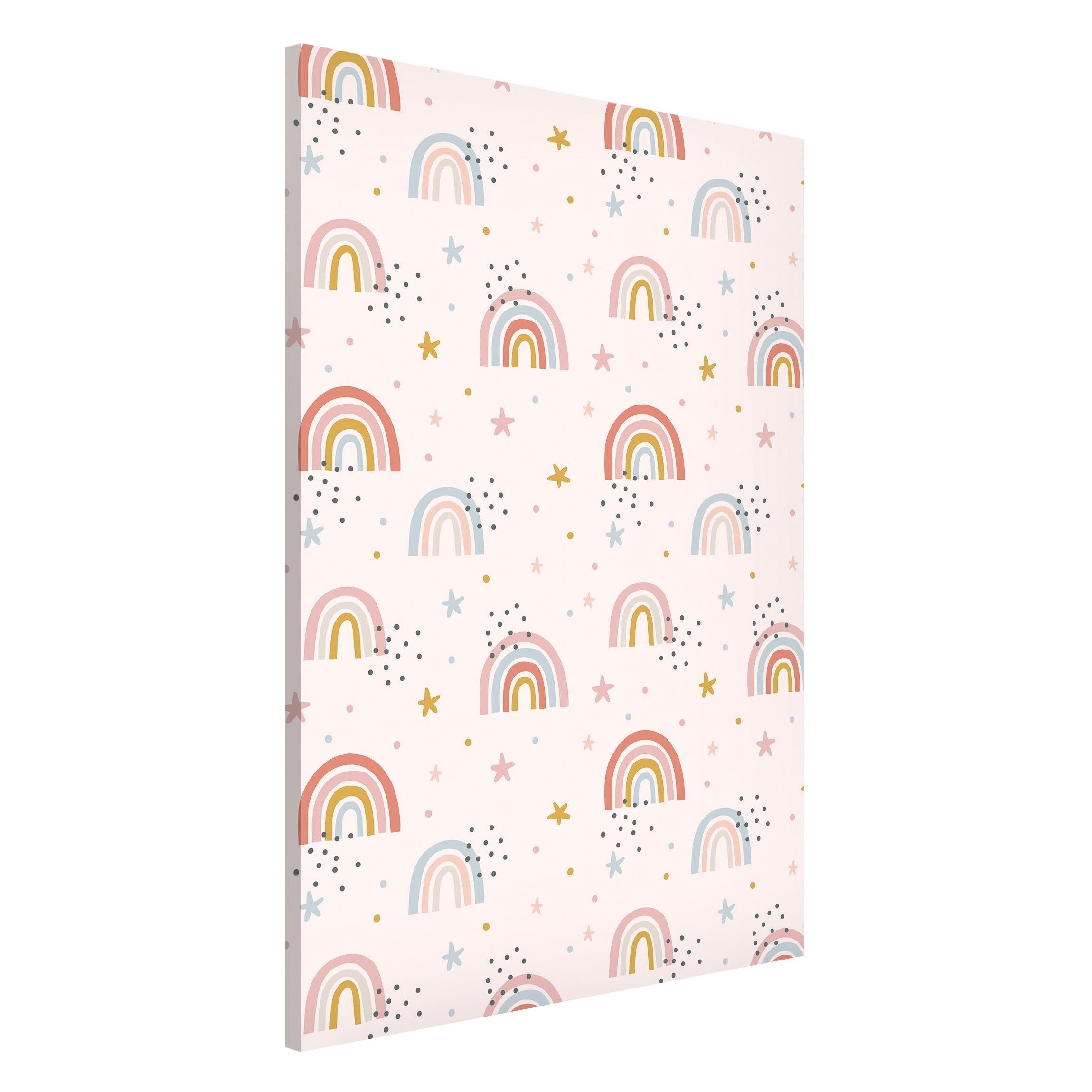 Bilderdepot24 Magnettafel Kinder bunt Regenbogenwelt mit Sternen und Pünktchen, (1-tlg., Magnetboard Pinnwand für die Wand - metallische Tafel für Magnete), Magnetwand groß mit Motiv Kinderzimmer Memoboard magnetisch Hochformat