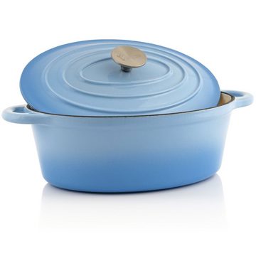 BBQ-Toro Bräter Gusseisen Cocotte, 4,3 l, blau, oval, Emaillierter Gusseisen Bräter, Gusseisen