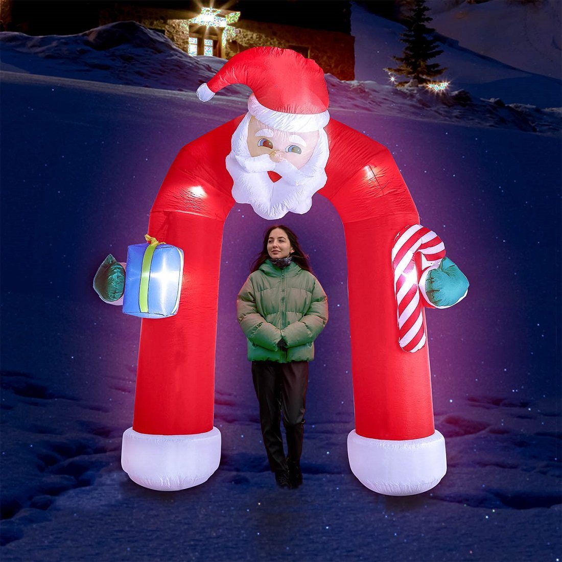 Weihnachtsfigur aufblasbare mit als Beleuchtung Weihnachtsdeko Kopf links), (beweglicher und Bubble-Store Rundbogen nach rechts Weihnachtsmann
