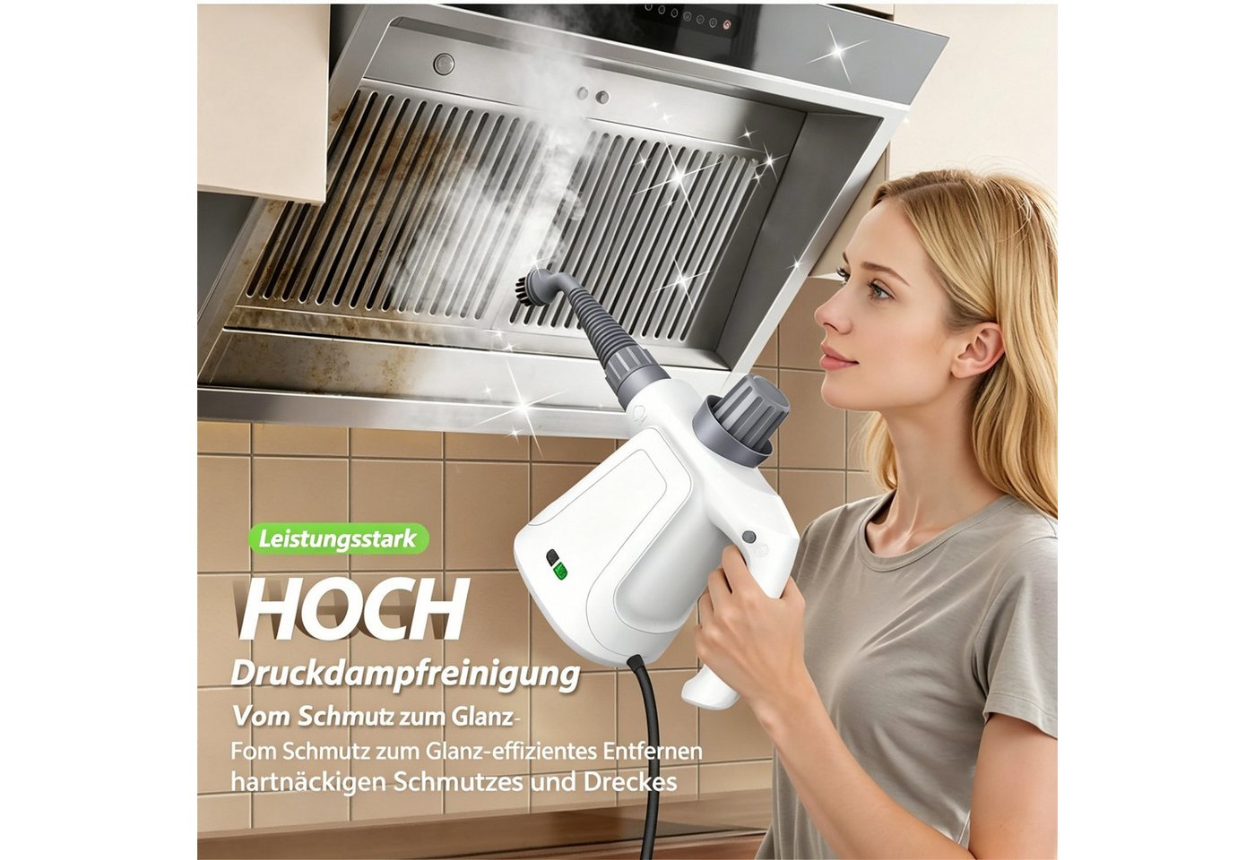AIBISTAR Handdampfreiniger Dampfreiniger Steam Cleaner 400 ml Hochdruck 3,2 Bar, 1000 W, beutellos, 1000W,95.7in Netzkabel,9 Zubehörset,Handgerät Dampfreiniger
