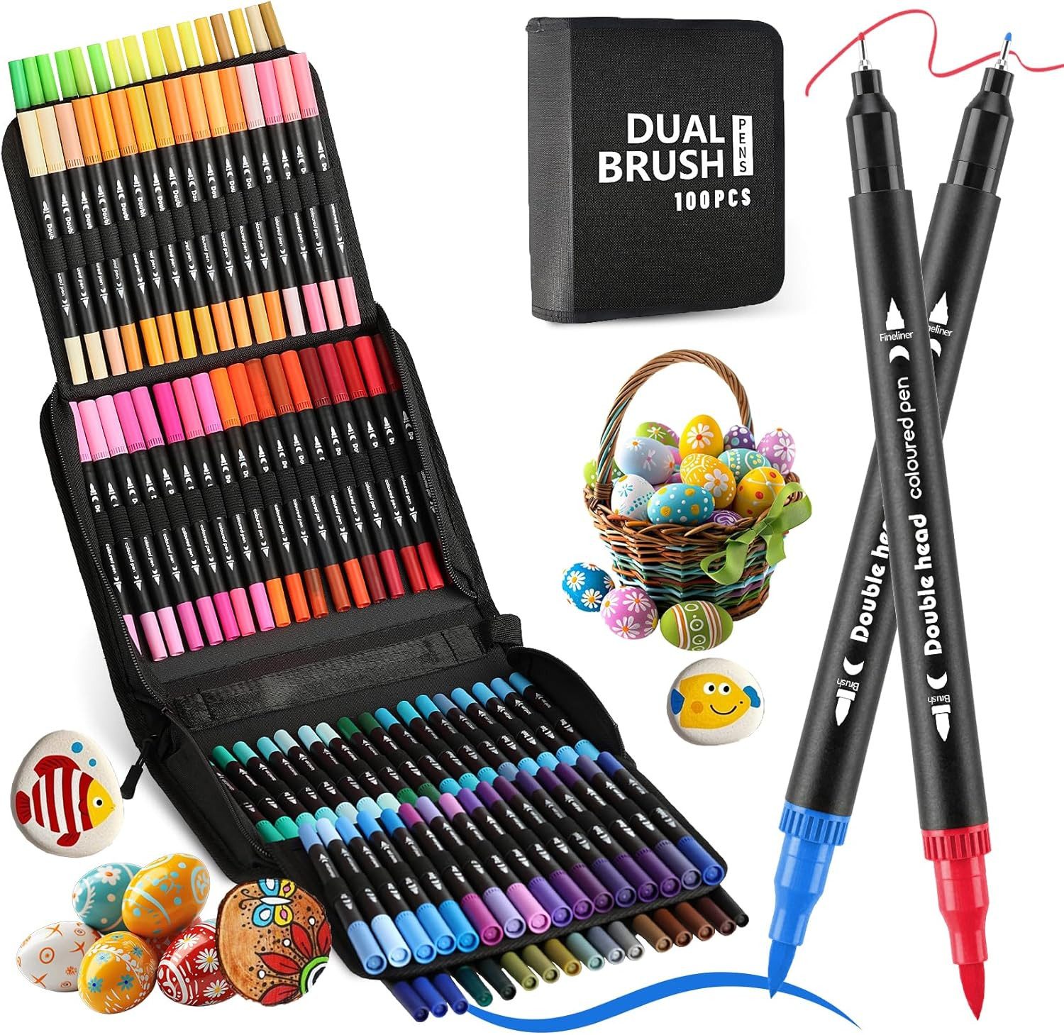 MOPUEA Filzstift Wasserfarbenstifte Acrylmalstifte Brush Pens Doppelspitzen- Lackmarker, (Set, 100-tlg., Pinselstifte Permanentmarker Filzstift, Handlettering), Doppeltipp-Stifte mit Aufbewahrungstasche