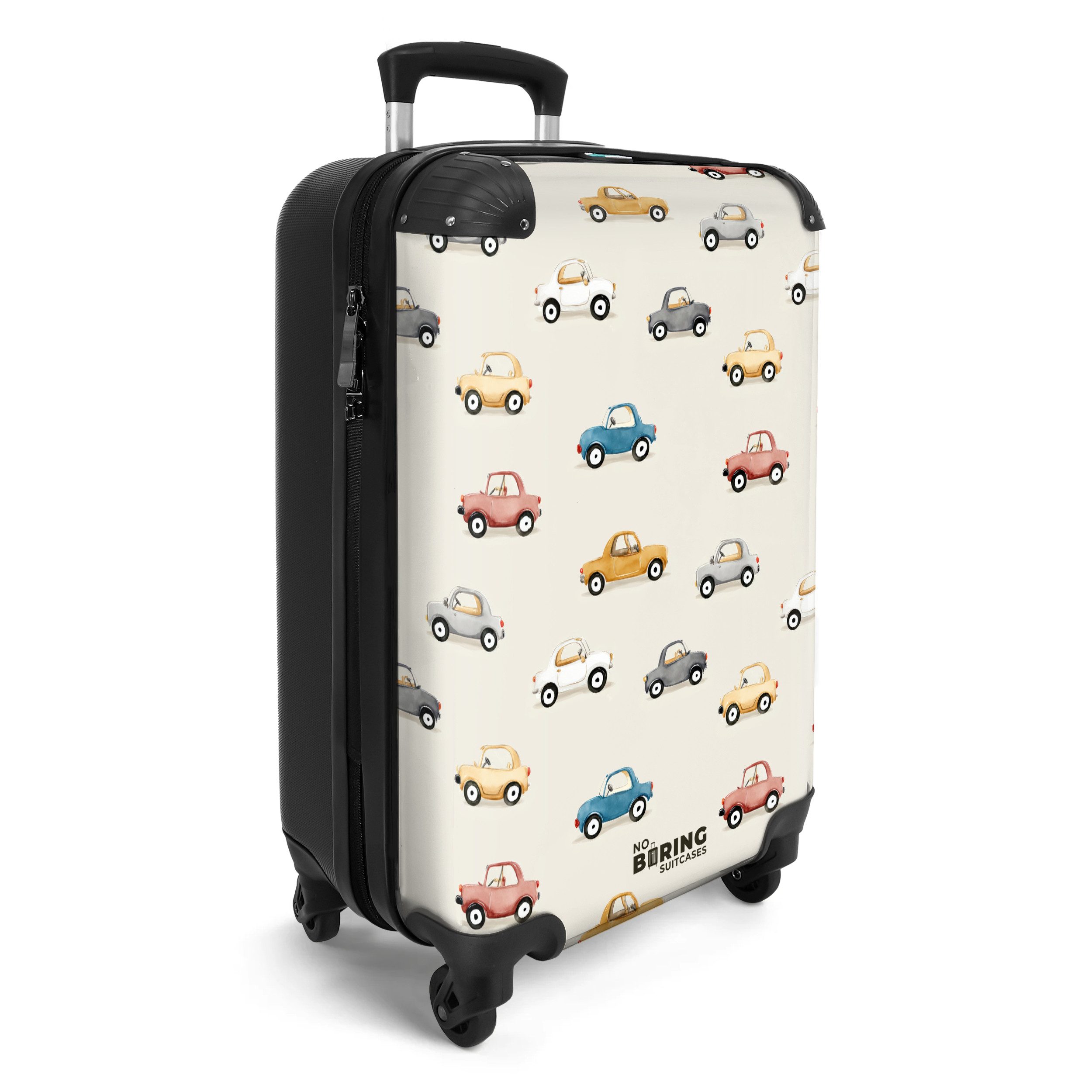 NoBoringSuitcases.com© Kinderkoffer Bunte Retro-Autos 55x35x20cm, 4 Rollen, Handgepäck Koffer, Hartschalenkoffer Kinder, Reisekoffer Jungen