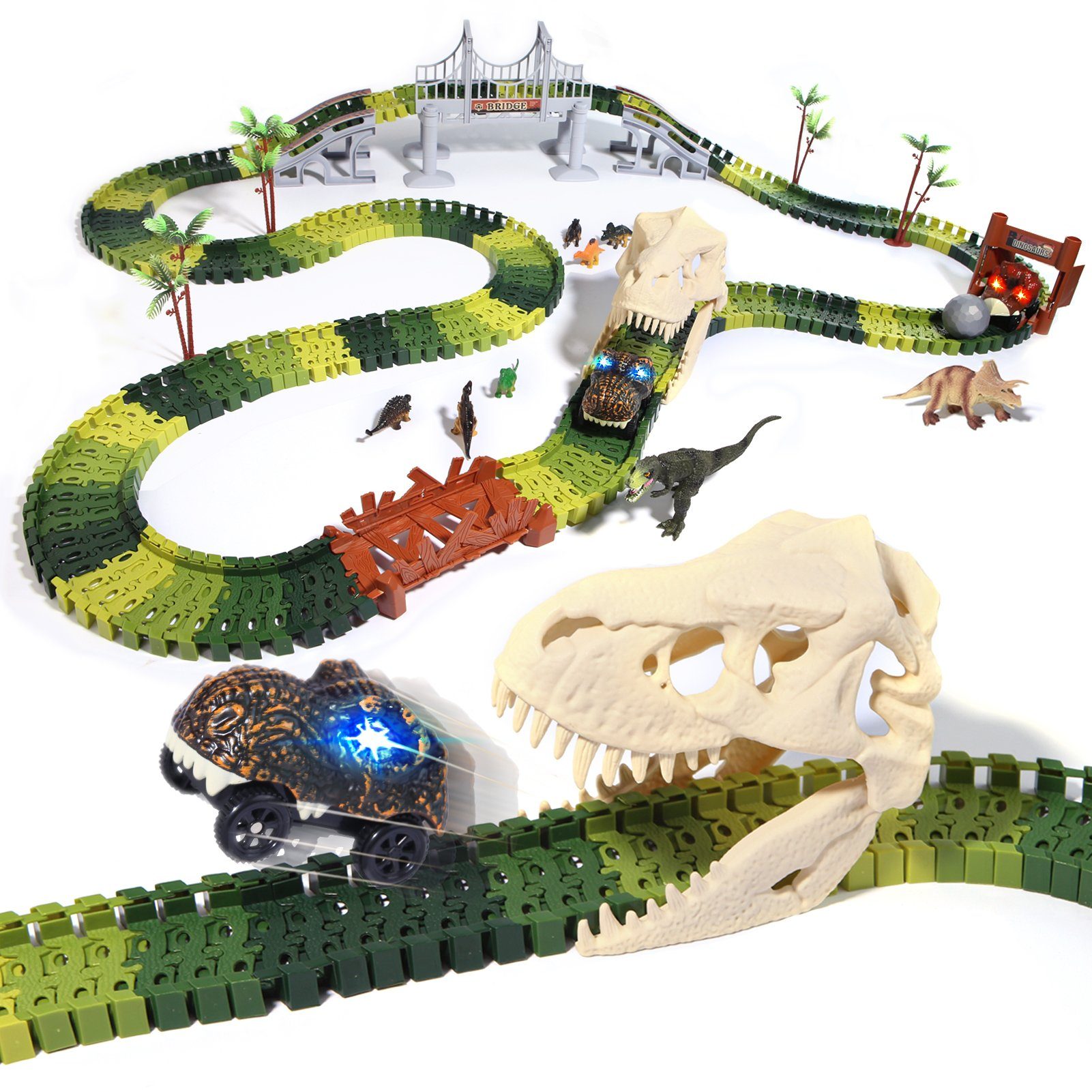 Esun Autorennbahn 289 Stück Rennstrecke Dinosaurier Spielzeuge Flexible Zugbahnen, (Set, 289-tlg), mit 2 dino auto, Geschenk Junge Mädchen 3 4 5 6 Jahre