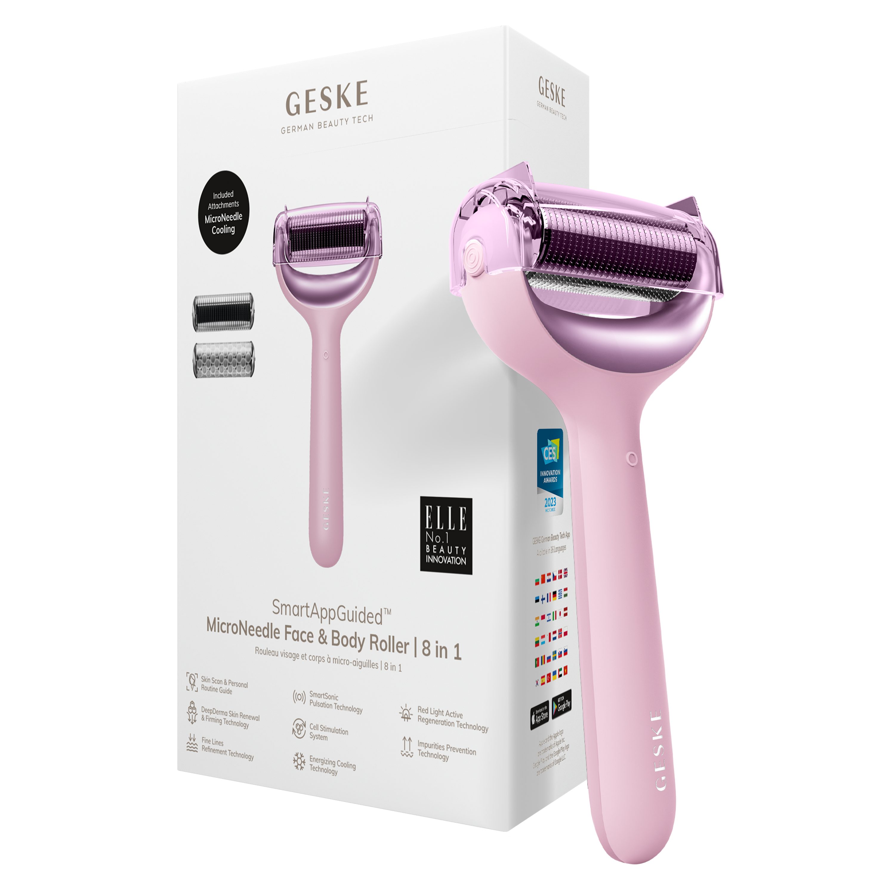 GESKE German Beauty Tech Micro-Needling SmartAppGuided™ MicroNeedle Face & Body Roller 8 in 1, Packung (Gerät & USB-Ladekabel), 4-tlg., Gerät inkl. kostenloser APP (SmartAppGuided Device), Mit der GESKE App erhältst Du deine personalisierte Hautpflegeroutine. Pink