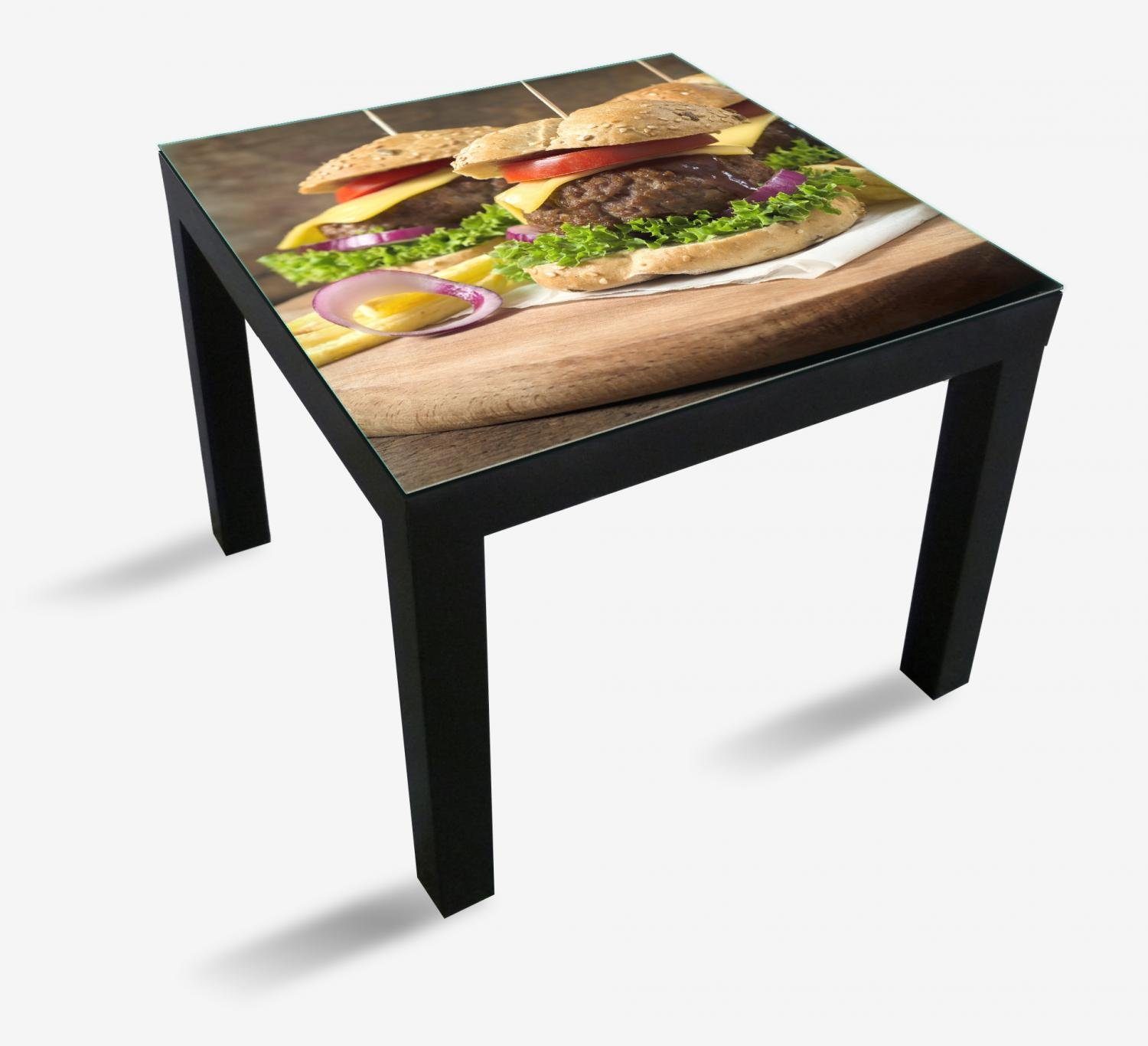 Wallario Tischplatte Saftige Burger auf St), Tisch geeignet Holzbrett Ikea (1 für Lack
