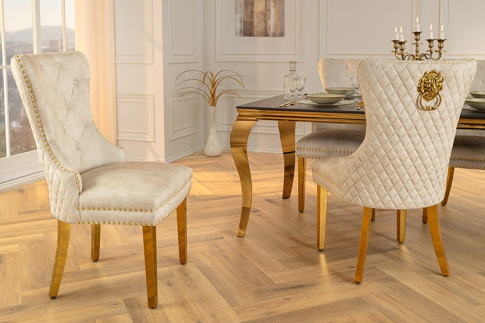 riess-ambiente Esszimmerstuhl CASTLE DELUXE beige/gold - Samt, Edelstahl, Löwenkopf-Griff (Einzelartikel, 1 St), glamouröser Stuhl mit Nieten - ideal für Deinen Barock-Look