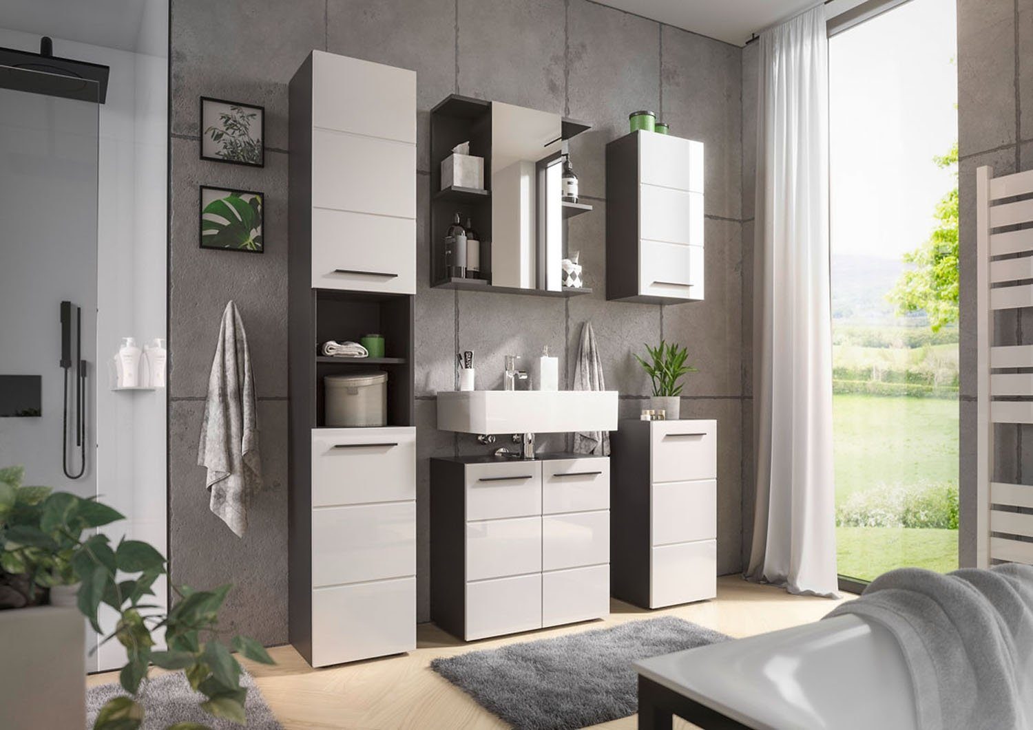 Unterschrank GLOSS, B 34 cm, Anthrazit, Weiß Hochglanz, 1 Tür, 2 Fächer