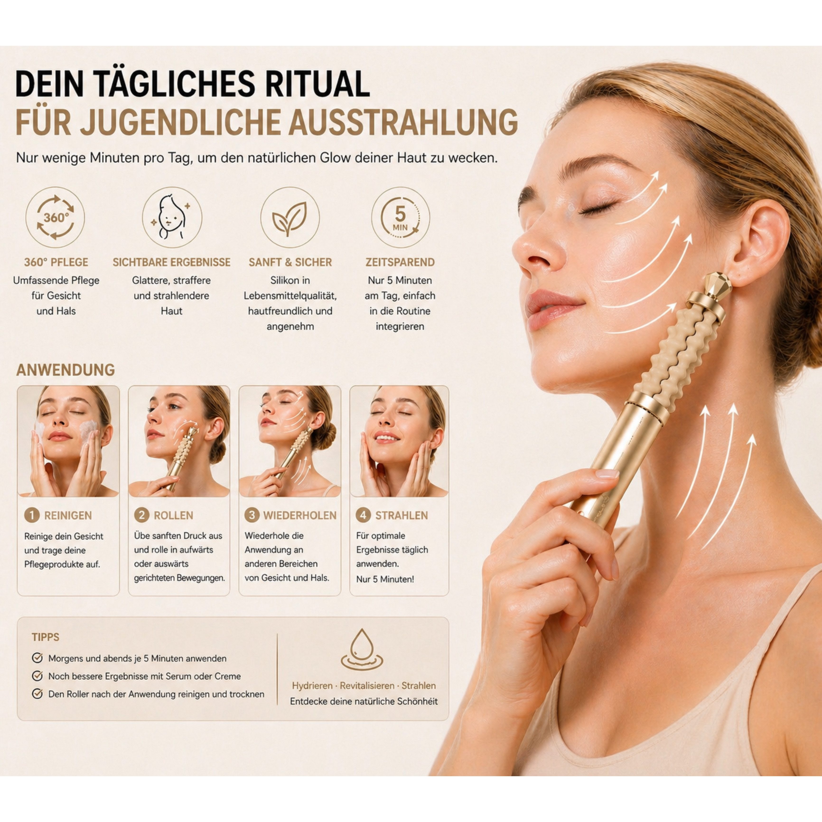 Lalano`S Cosmetics Gesichtsmassagegerät 2-in-1 Beauty Massager Anti-Aging-Gerät Sculptlift Pro, Set, 1 Handstück, 2 Aufsätze, 1 USB Kabel, Kabellos, wiederaufladbar, 3 Intensitätsstufen
