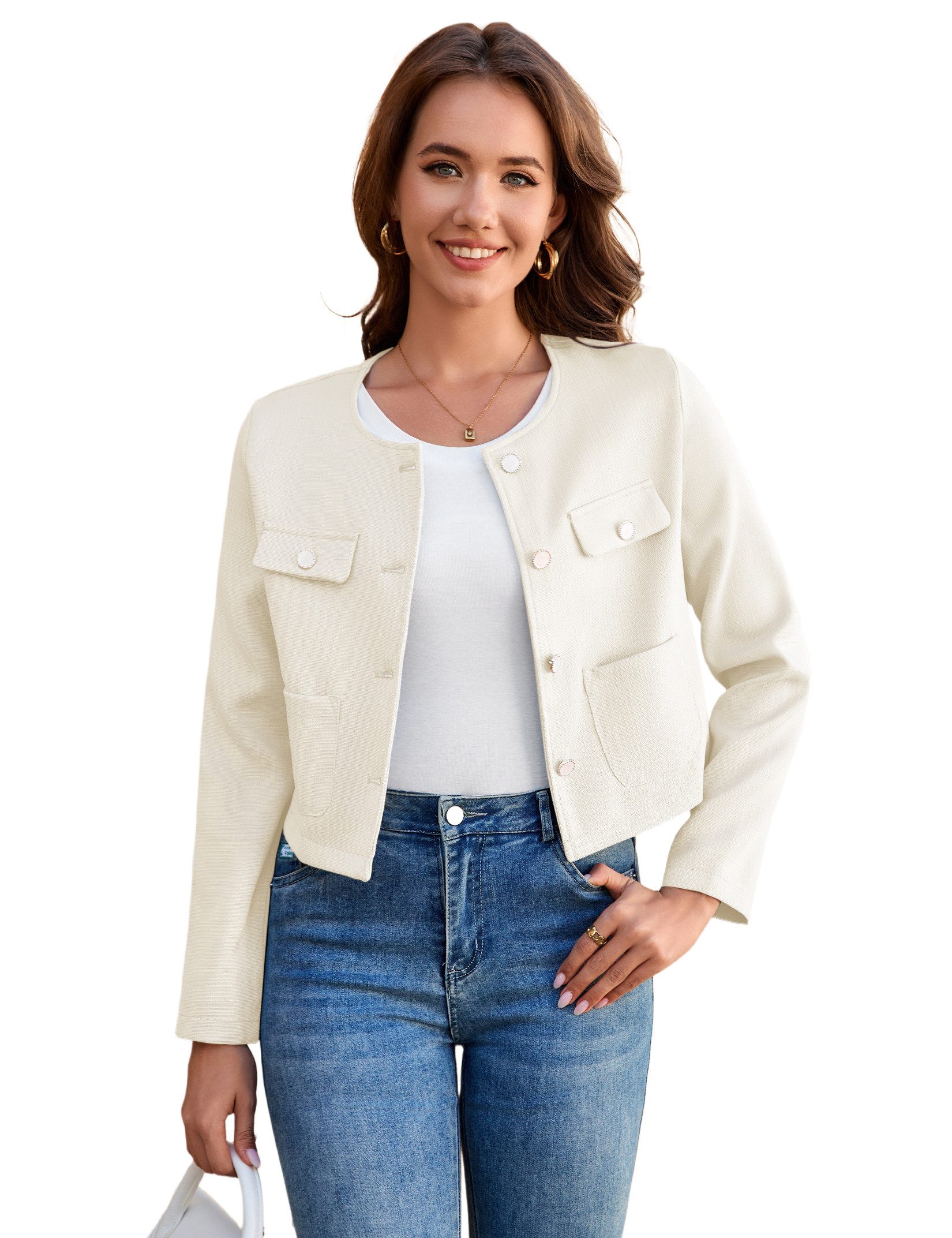 MODISFRAU Bolerojacke Damen Elegant Tweed Kurzjacke Langarm