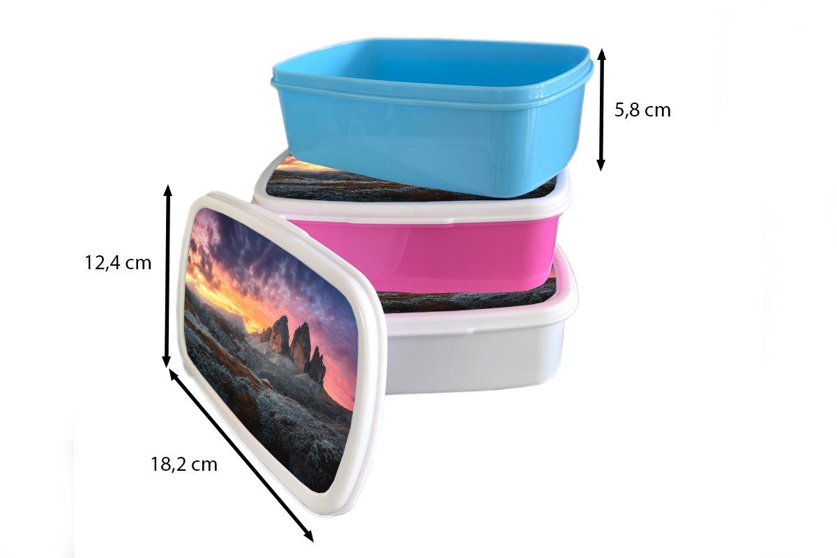 MuchoWow rosa Kunststoff, Erwachsene, (2-tlg), Brotbox Mädchen, Berg Landschaft, Felsen Sonnenuntergang - Kunststoff Brotdose Snackbox, Lunchbox - - für Kinder,