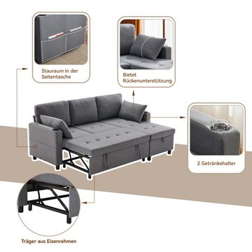 Merax 3-Sitzer Wohnlandschft,Schlafsofa, mit Schlaffunktion, Ecksofa mit Bettkasten, Seitentasche, Getränkehalter