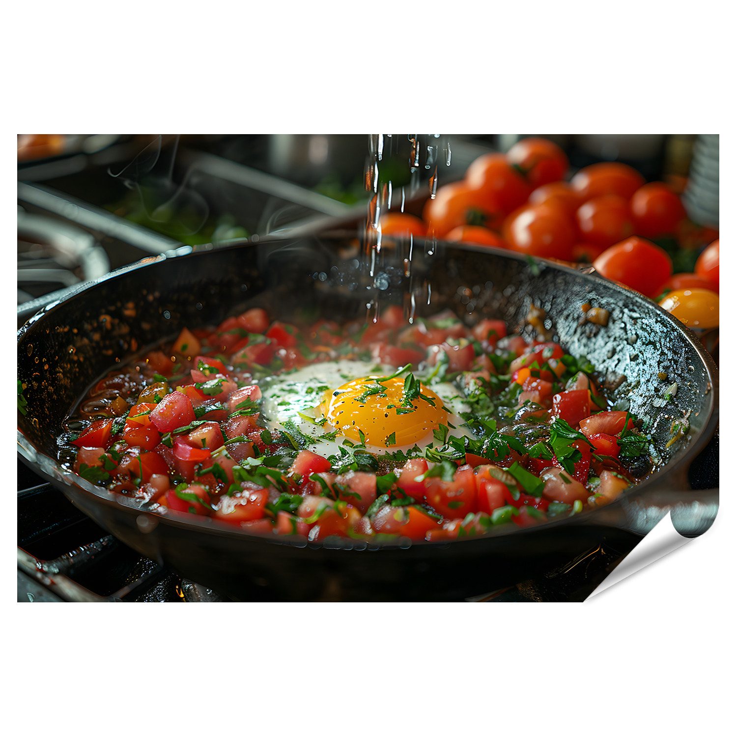 Poster Perfekt gekochtes Ei und Tomaten, exquisit in siedender Pfanne auf Her