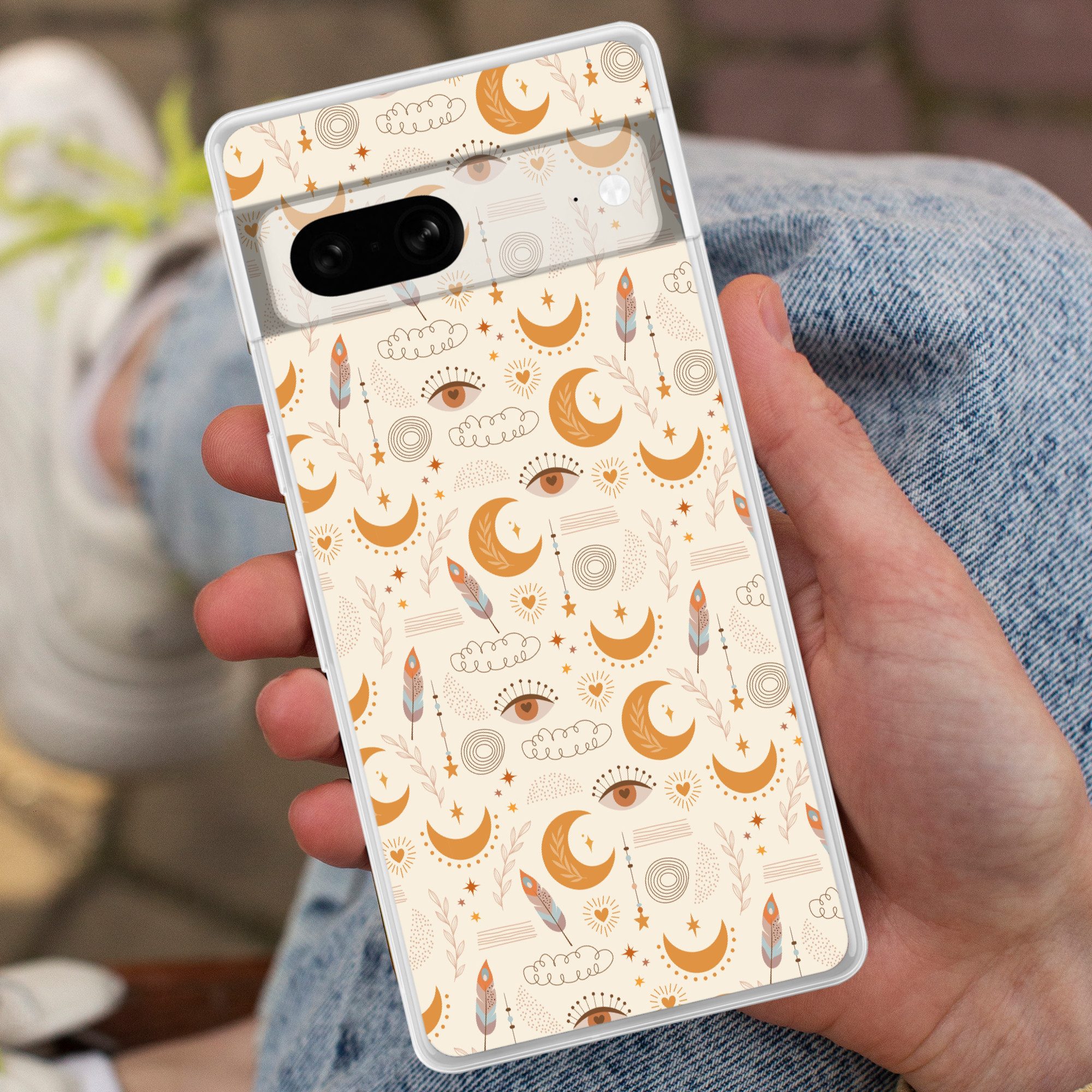 MuchoWow Handyhülle für Google Pixel 7 Boho - Druck - Augen - Mond - Federn - Beige, Phone Case, Silikon, Schutzhülle Dünn