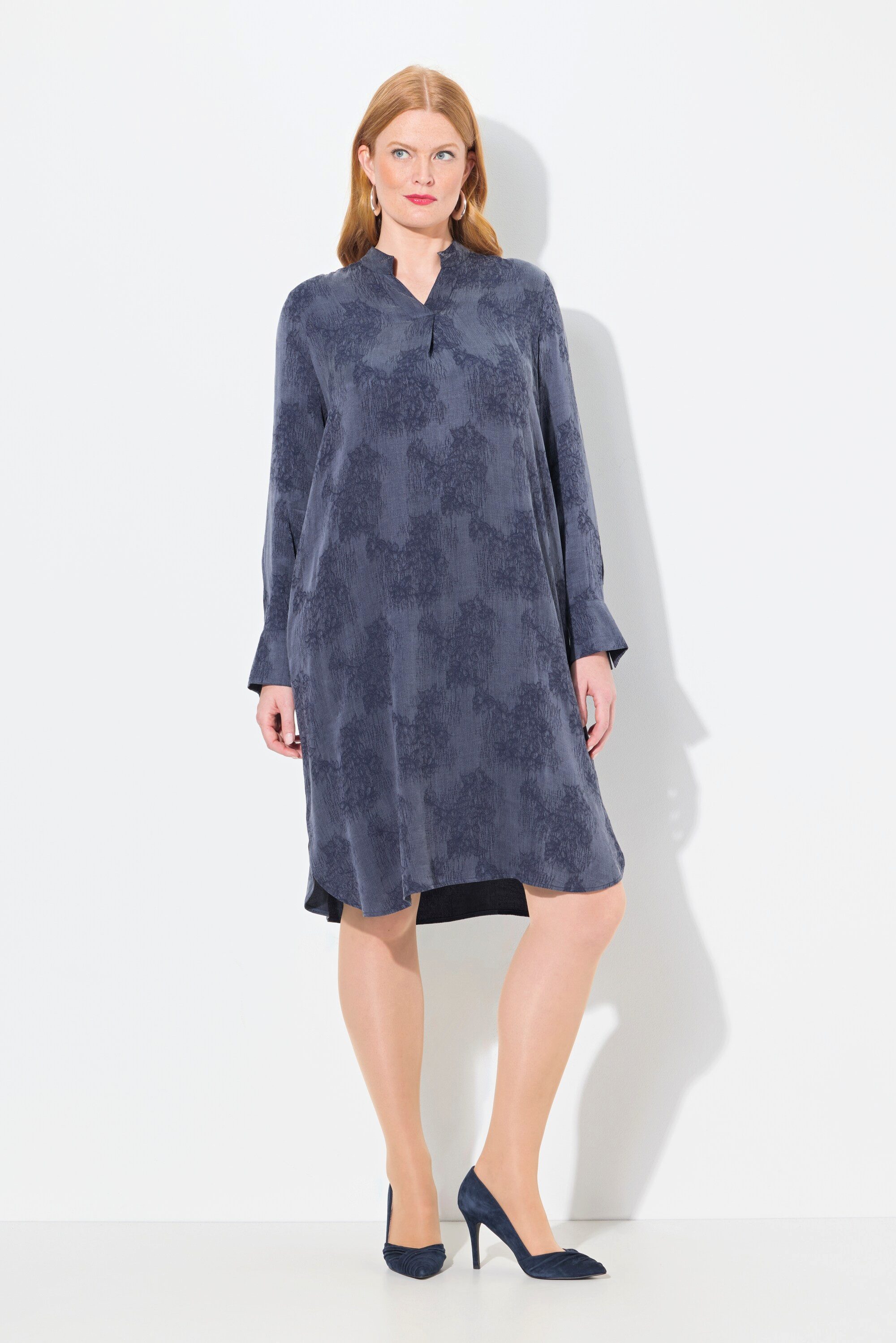Midikleid Lyocell-Kleid Stehkragen V-Ausschnitt Langarm