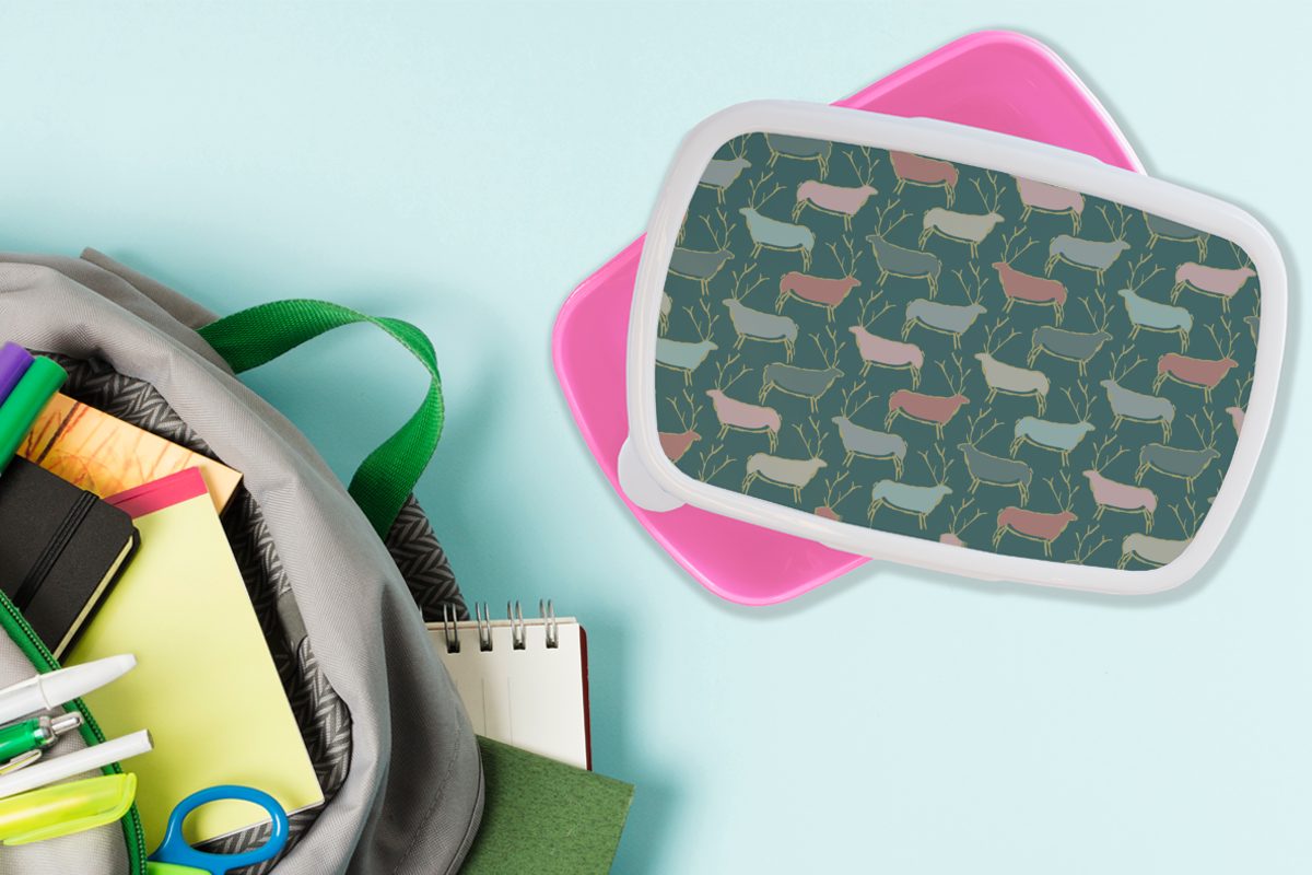 Kunststoff Kunststoff, MuchoWow für Kinder, rosa Muster Grün, Erwachsene, Snackbox, - Brotdose Hirsche Lunchbox Mädchen, (2-tlg), - Brotbox