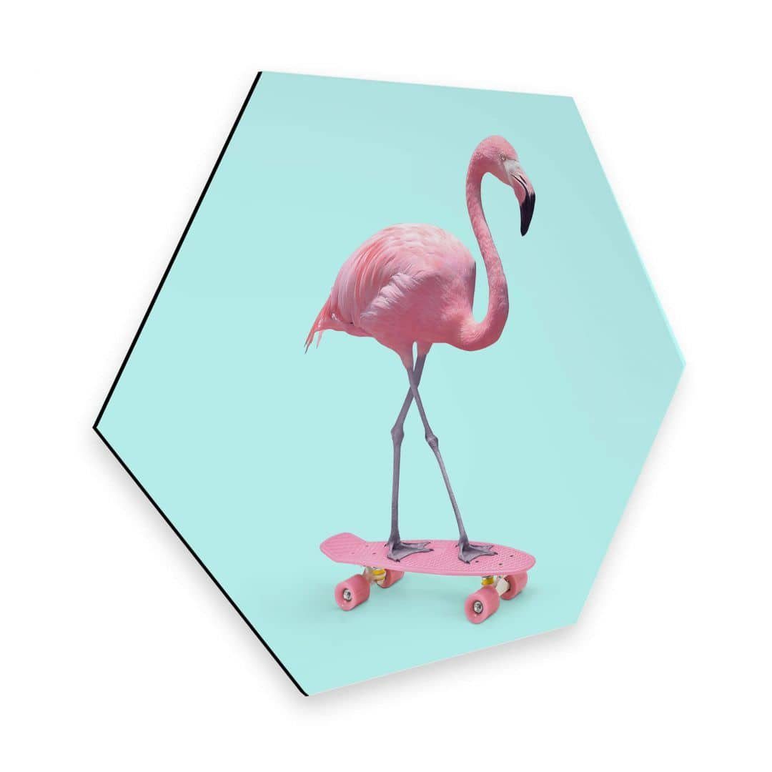 K&L Wall Art Gemälde Retro Wandschild lustiger Flamingo Skateboard Metalloptik, Vogel Wanddeko Kinderzimmer