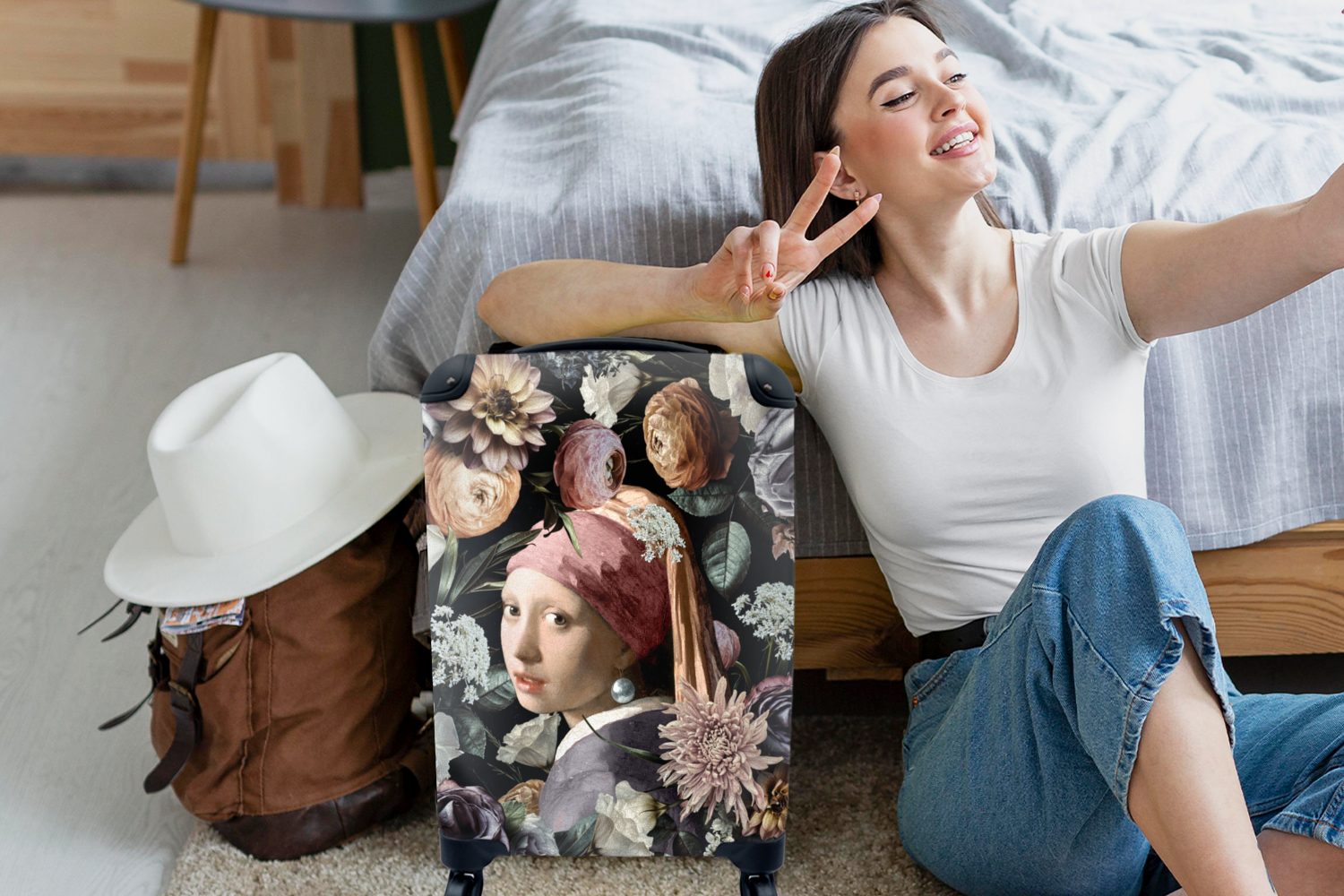 Vermeer Pastell Rollen, Mädchen - - Kunstwerk mit Reisekoffer Perlenohrring - Trolley, Ferien, mit - -, Handgepäck MuchoWow 4 rollen, Handgepäckkoffer für Blumen Reisetasche